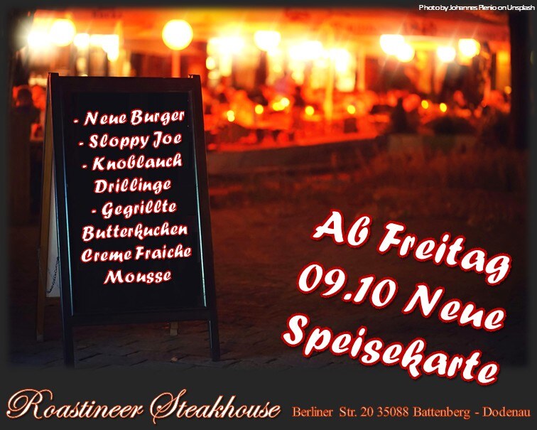 Speisekarte, Roastineer Steakhouse in Battenberg (Eder)