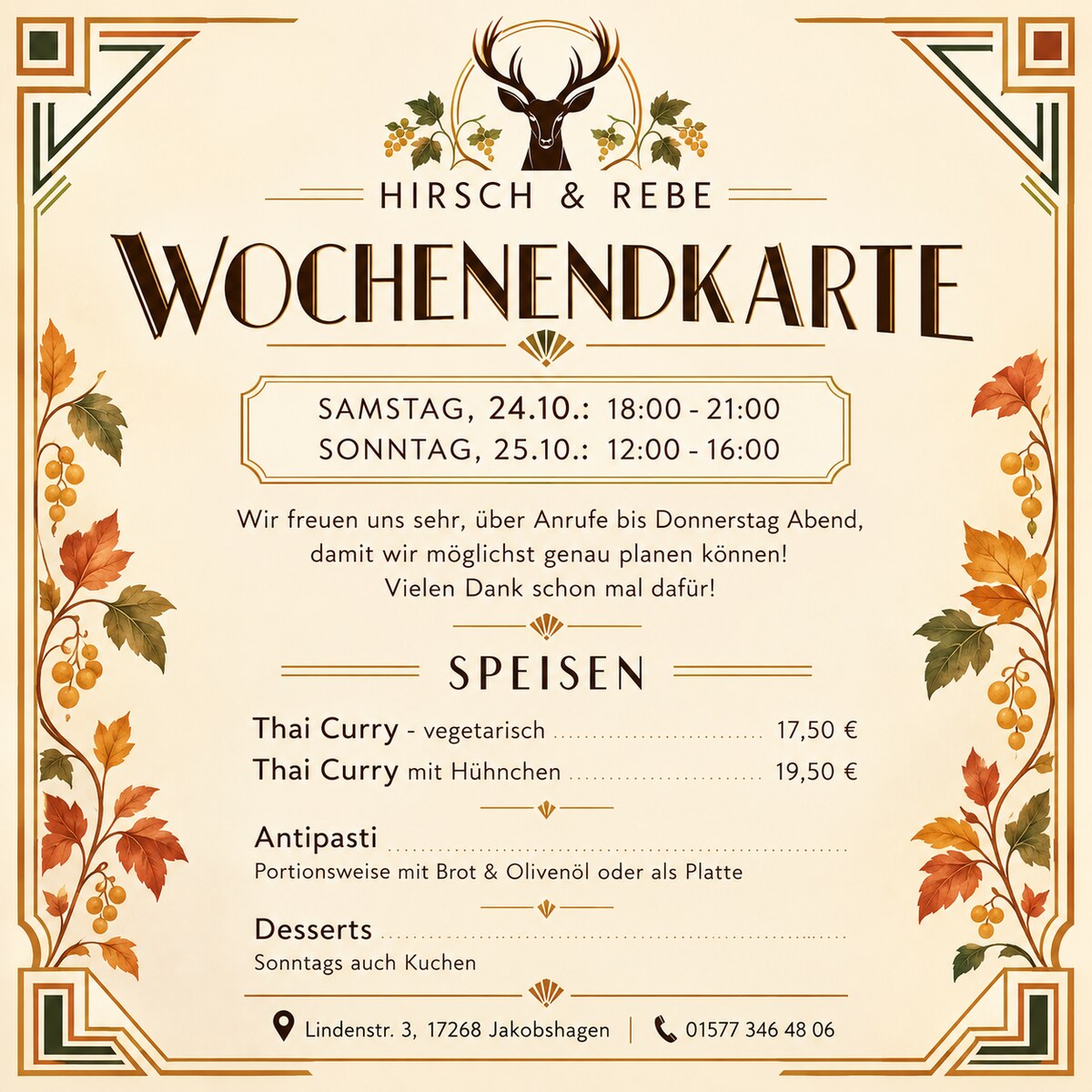 Wochenendkarte Samstag, 24.10. & Sonntag 25.10.2026, Carsten kocht / Hirsch & Rebe in Boitzenburger Land