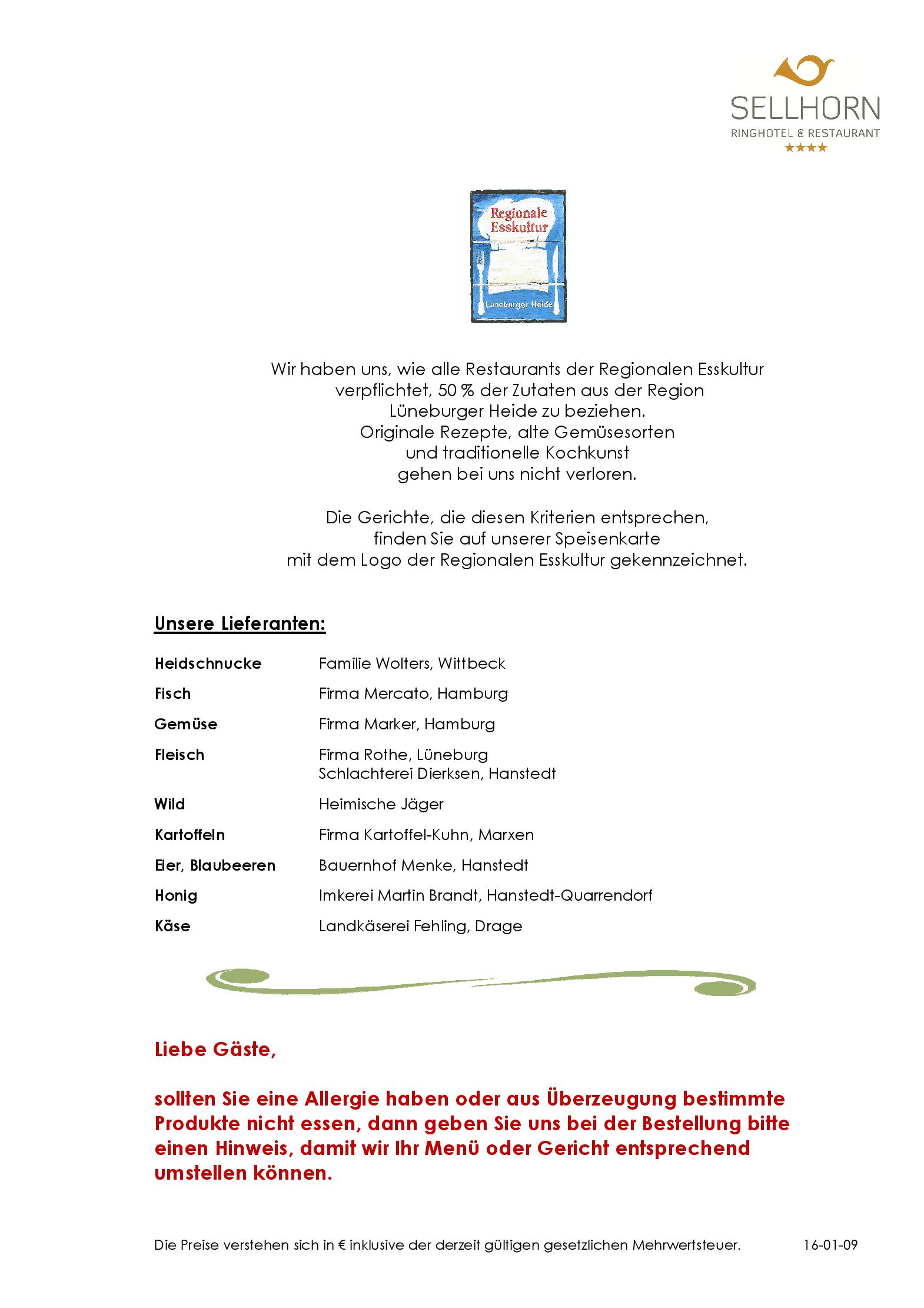Speisekarte Sellhorn Ringhotel & Restaurant in Hanstedt, Seite 1