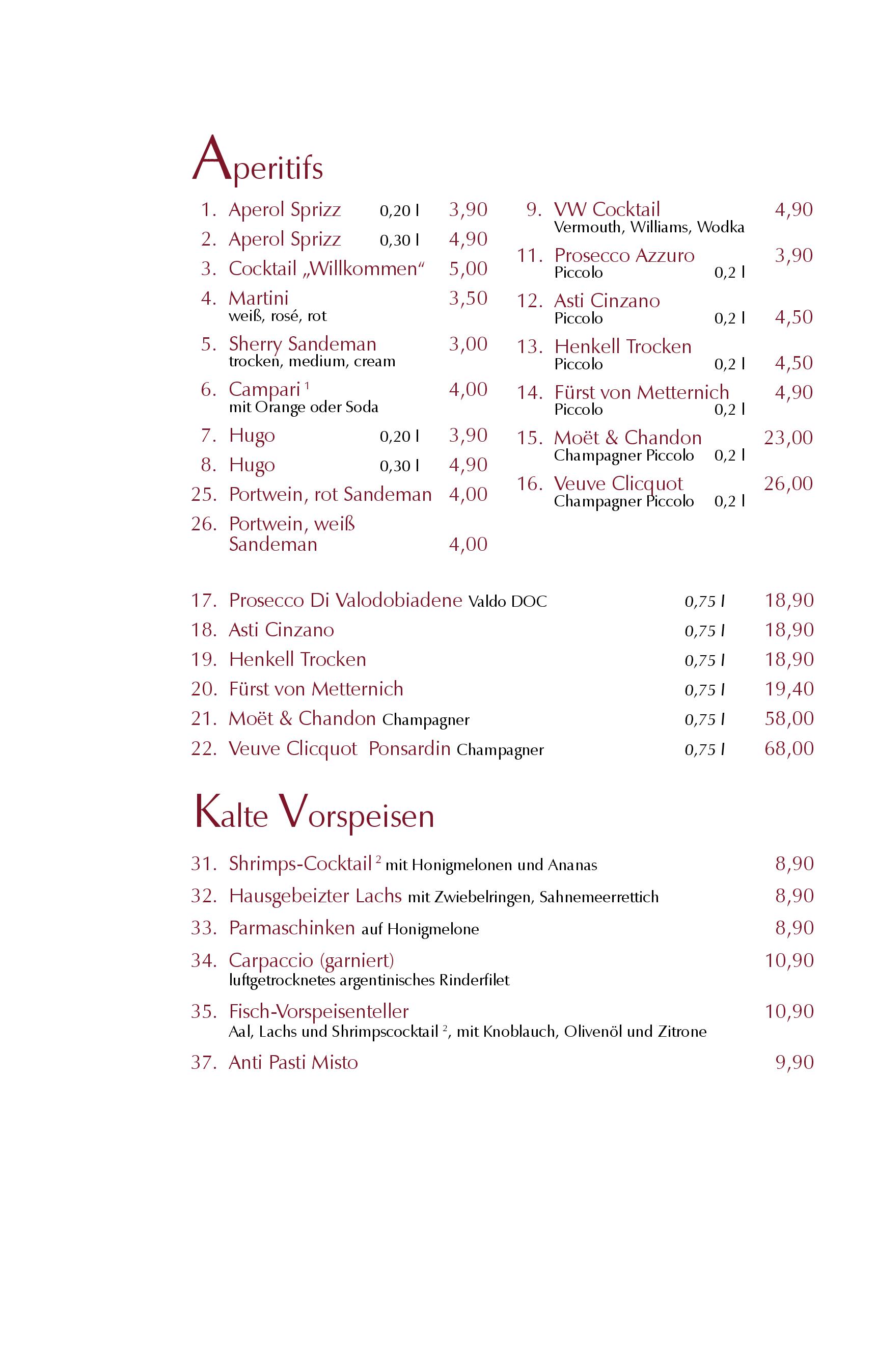 Speisekarte Restaurant im Hotel Doppeladler in Rees, Seite 1