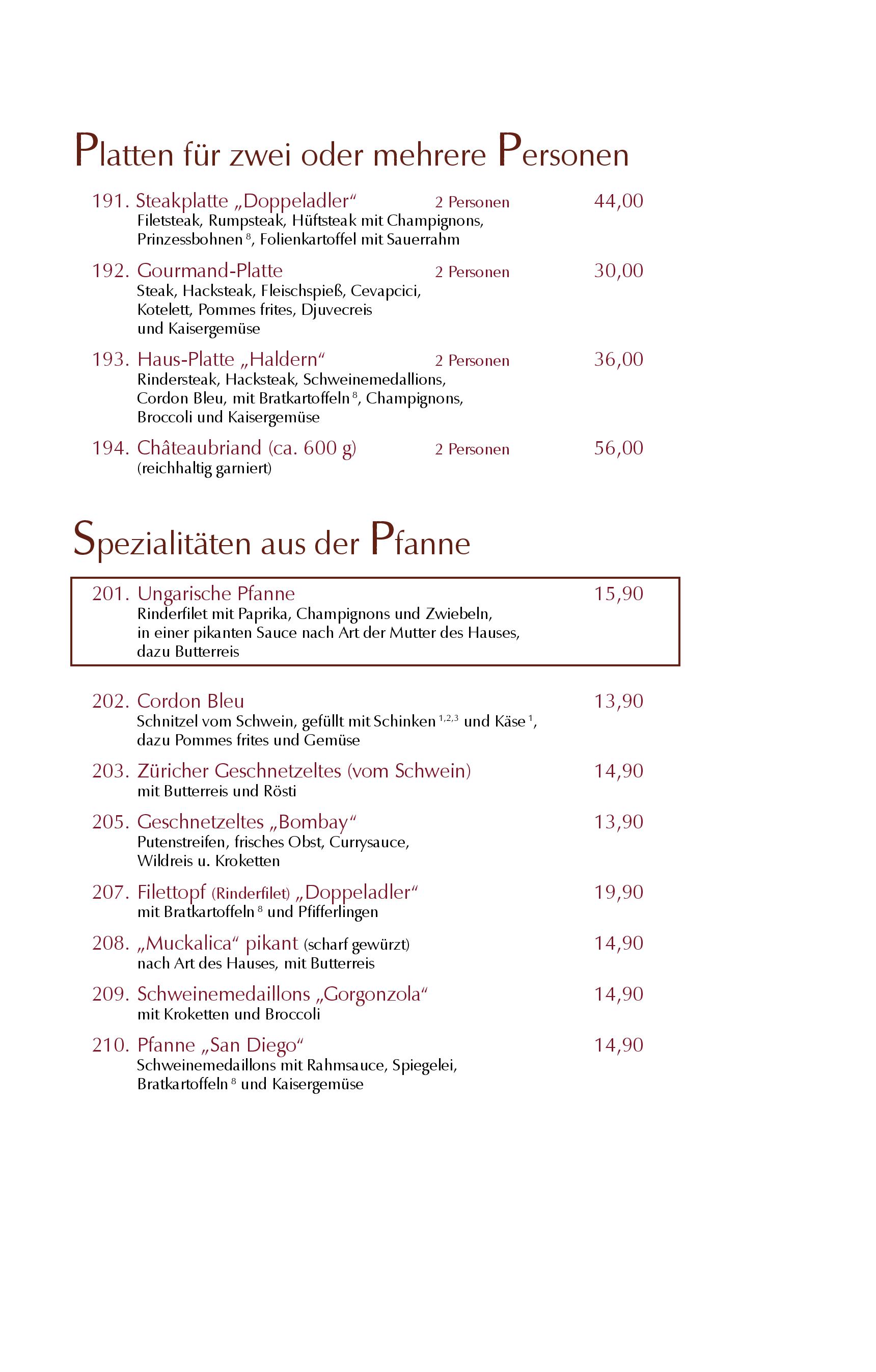 Speisekarte Restaurant im Hotel Doppeladler in Rees, Seite 6