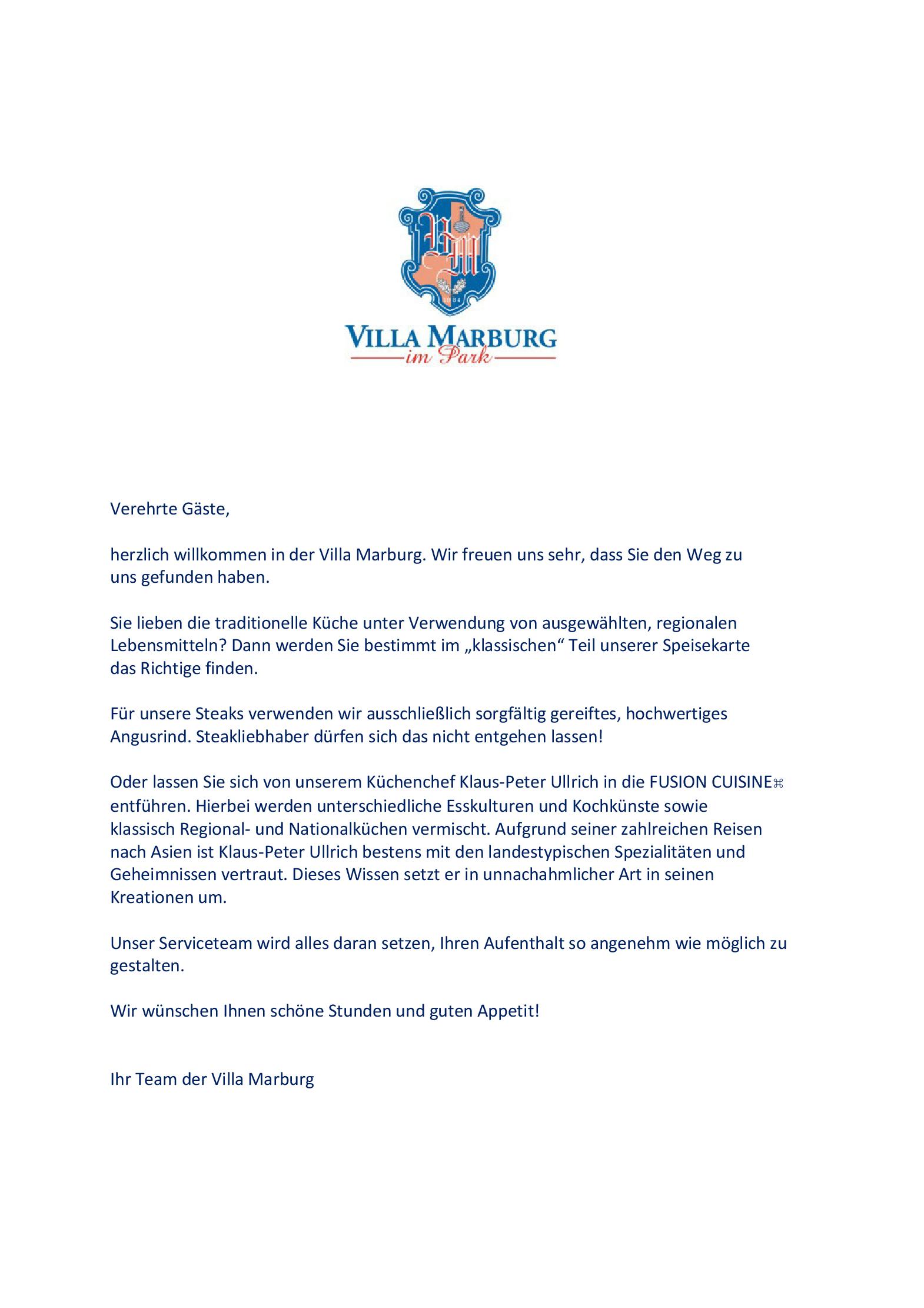 Speisekarte Hotel Restaurant 'Villa Marburg im Park' in Heigenbrücken, Seite 1
