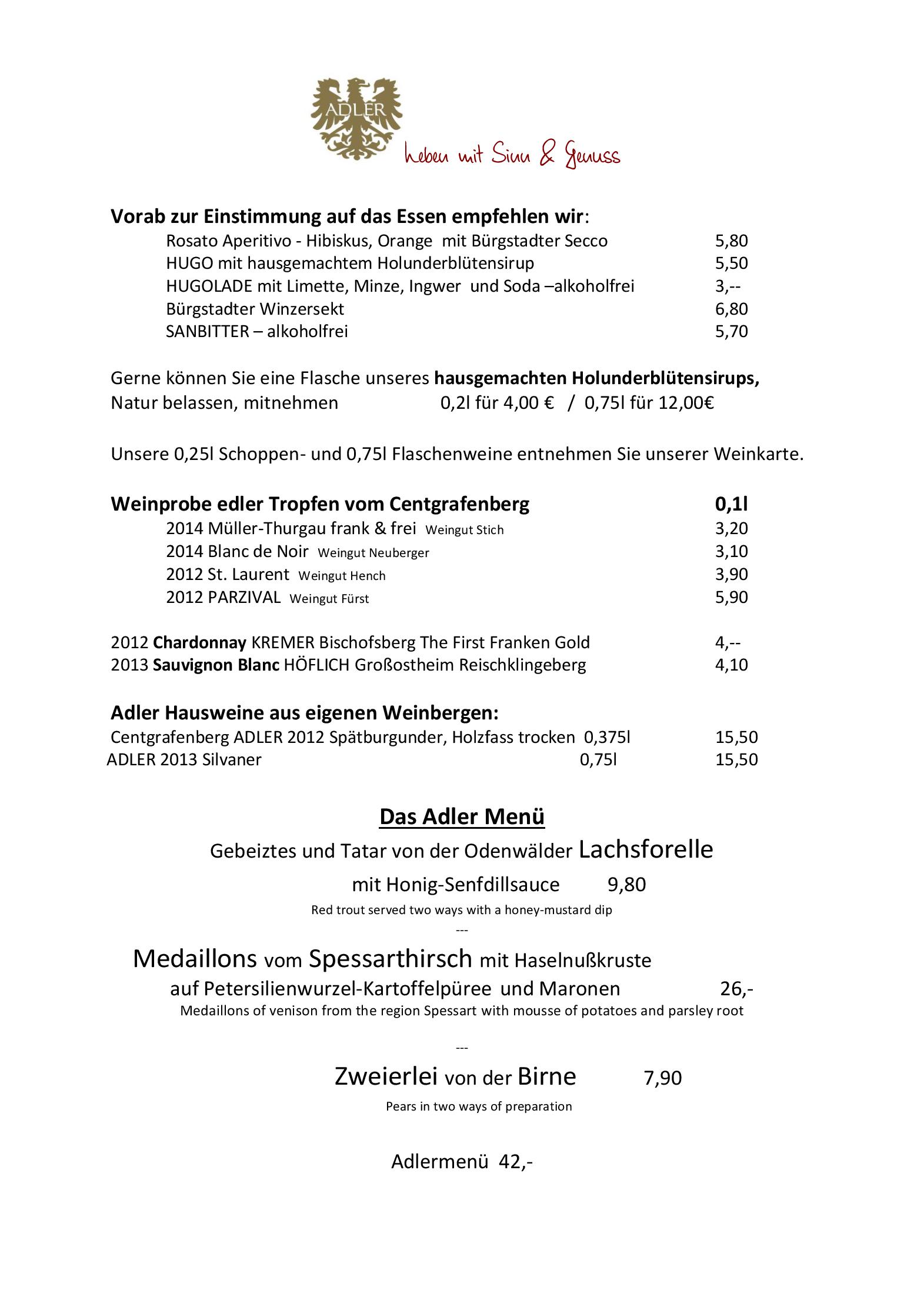 Speisekarte ADLER Landhotel in Buergstadt, Seite 1