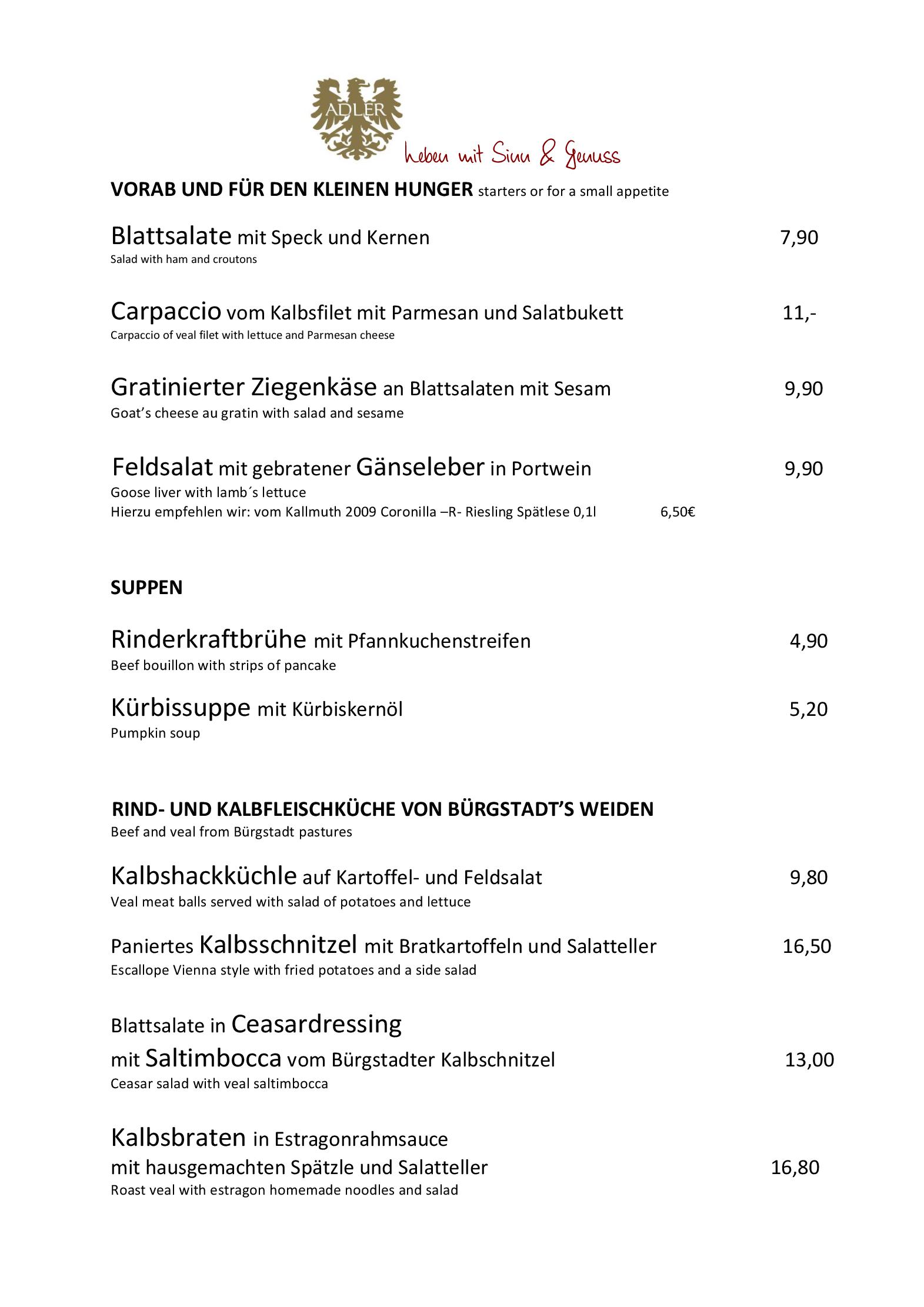 Speisekarte ADLER Landhotel in Buergstadt, Seite 2