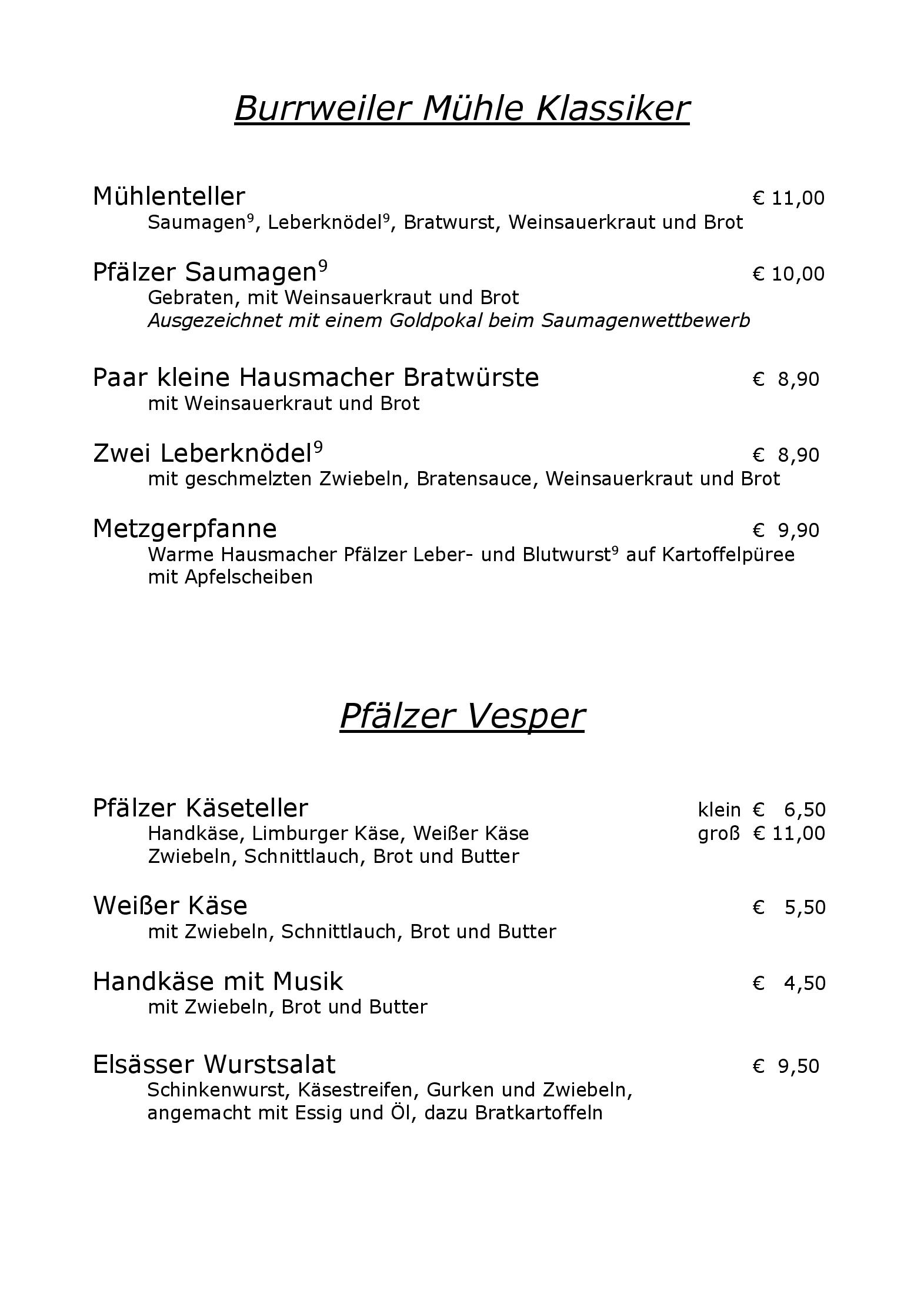 Speisekarte Burrweiler Mühle in Burrweiler, Seite 9