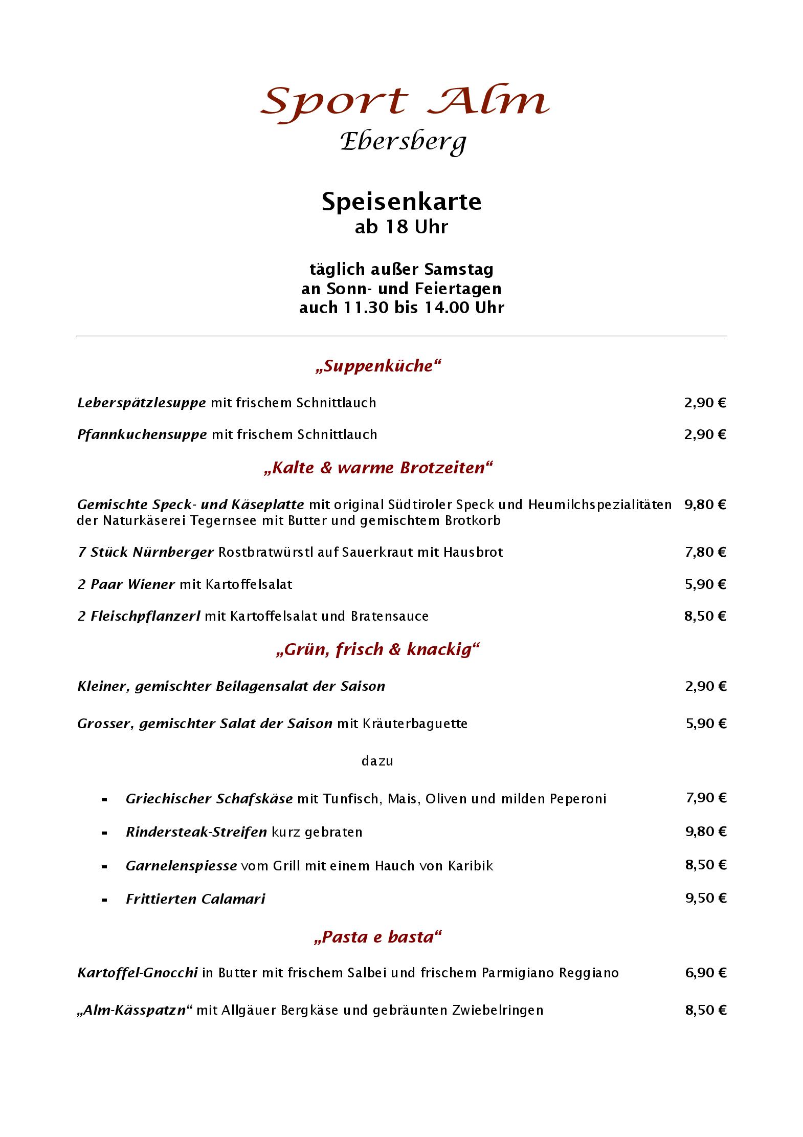 Speisekarte Sport Alm in Ebersberg, Seite 1