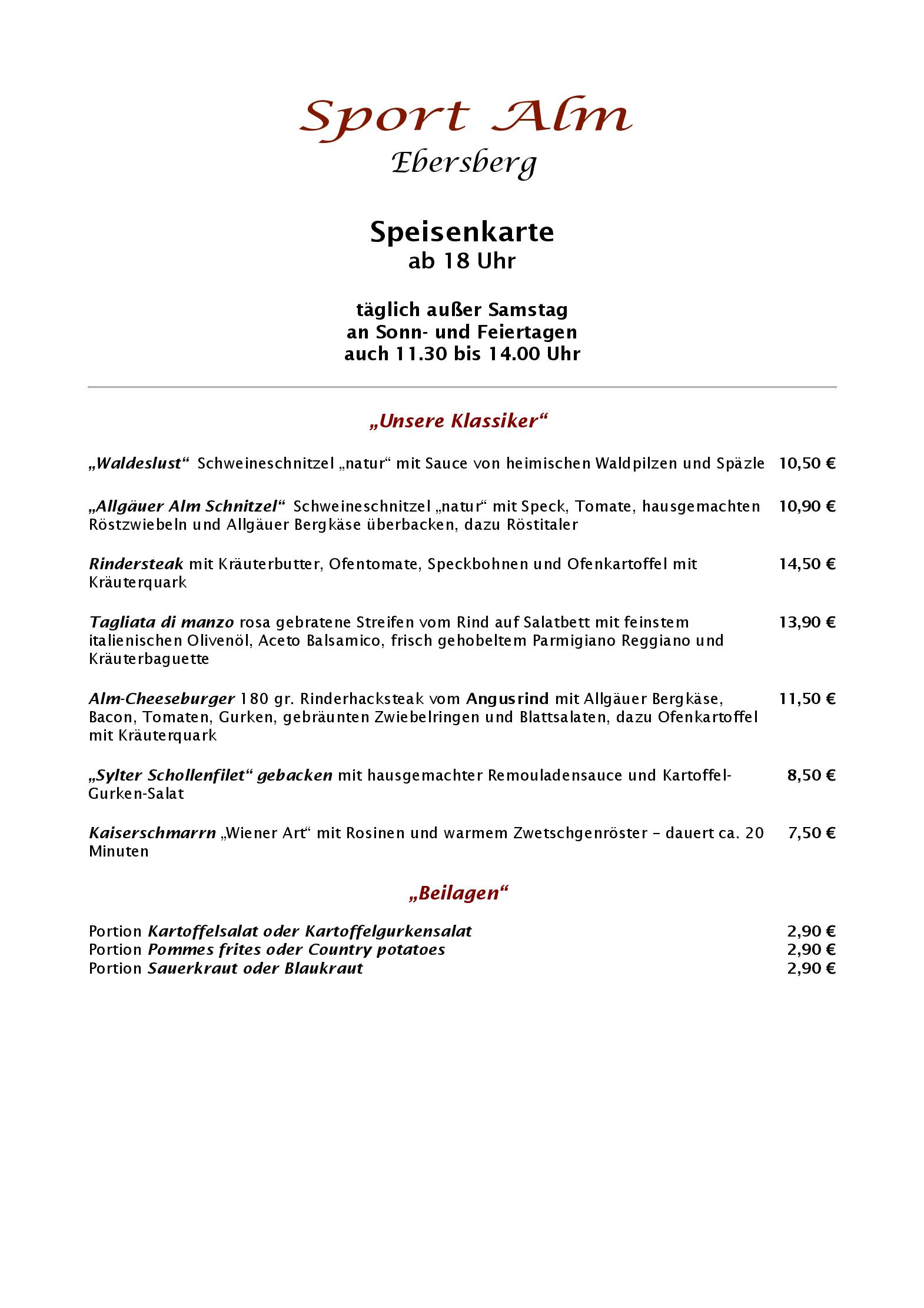 Speisekarte Sport Alm in Ebersberg, Seite 2