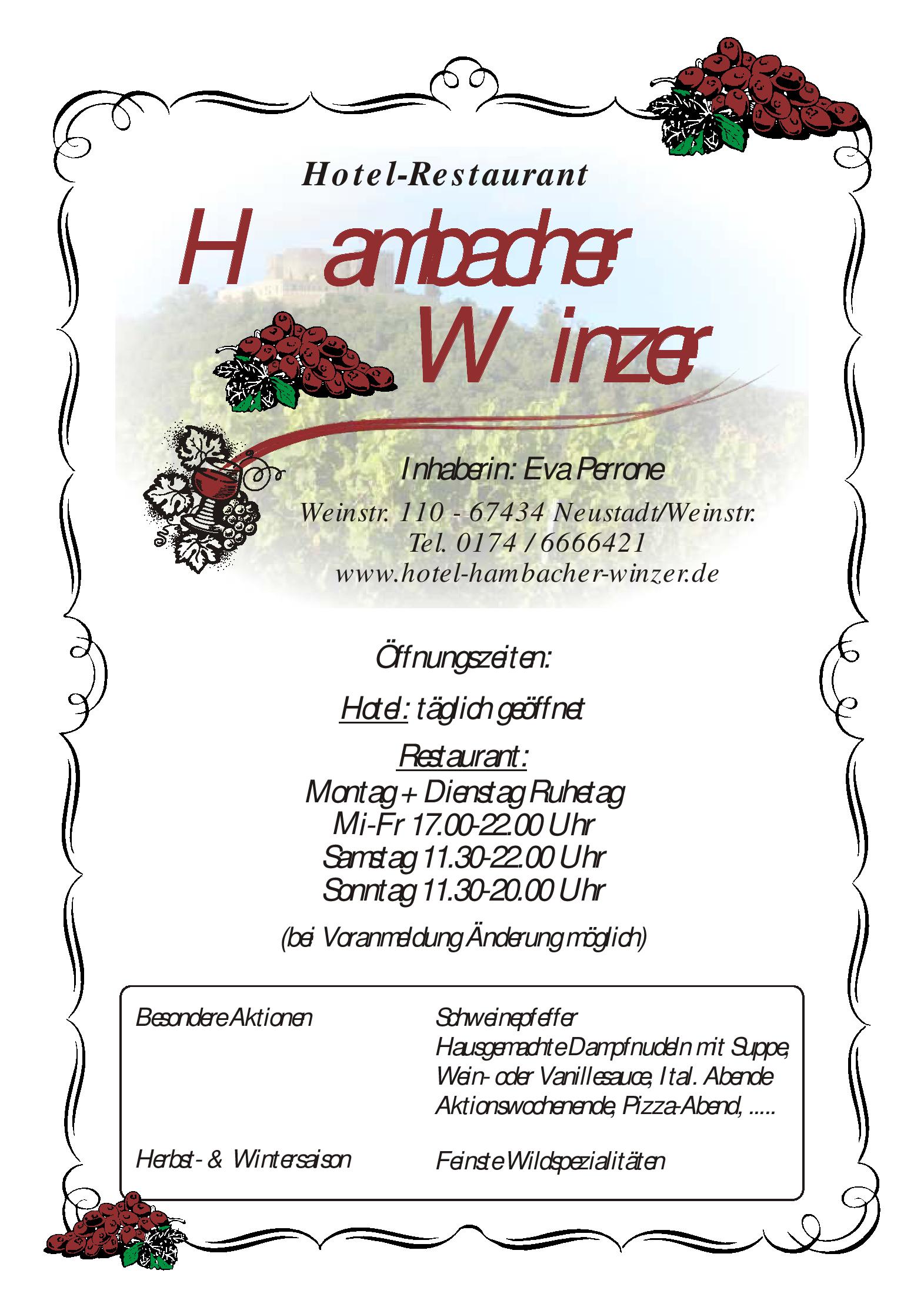Speisekarte Hotel Hambacher Winzer  in Neustadt an der Weinstrasse , Seite 1