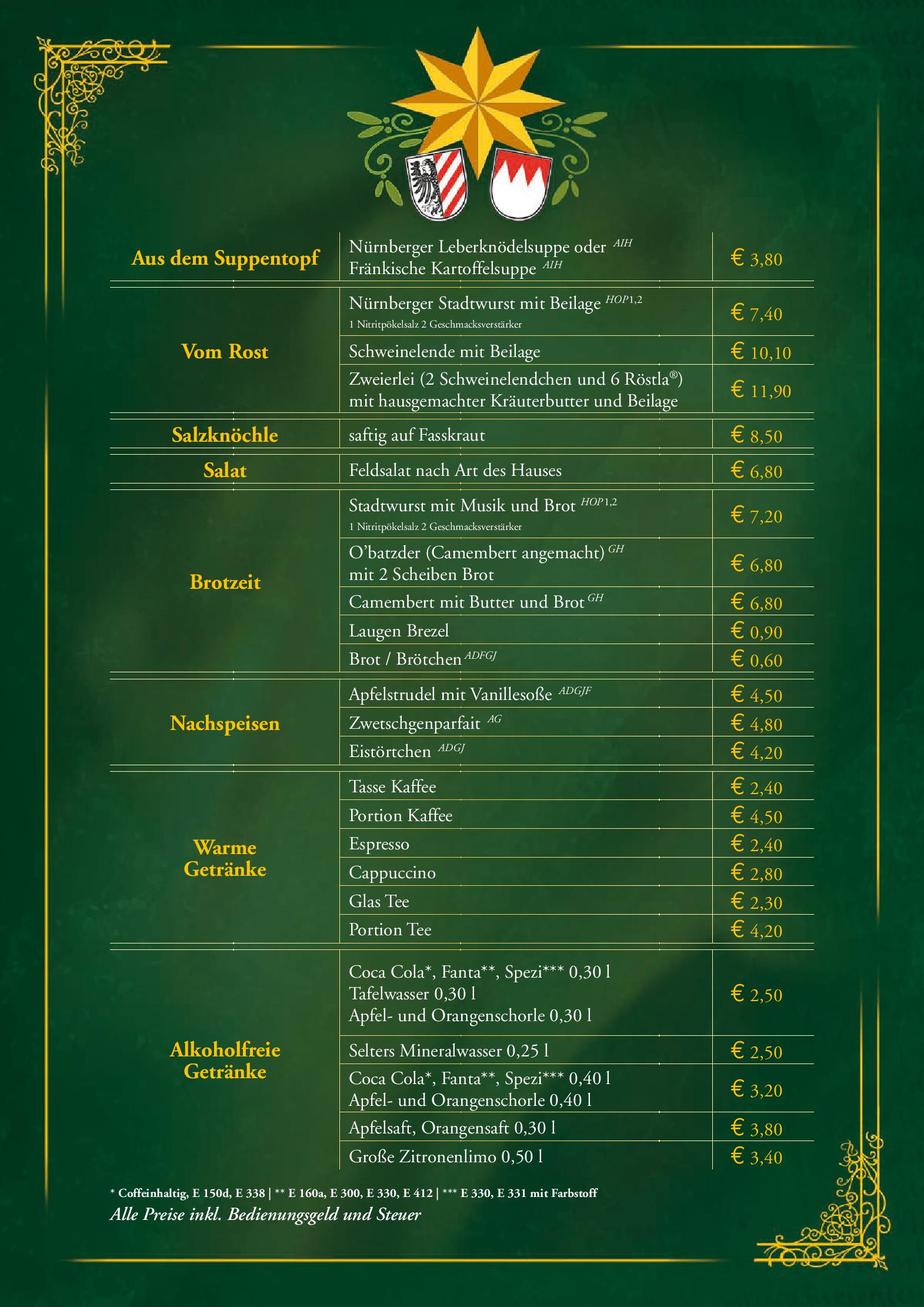Speisekarte Historische Bratwurstküche Zum Gulden Stern in Nürnberg, Seite 5