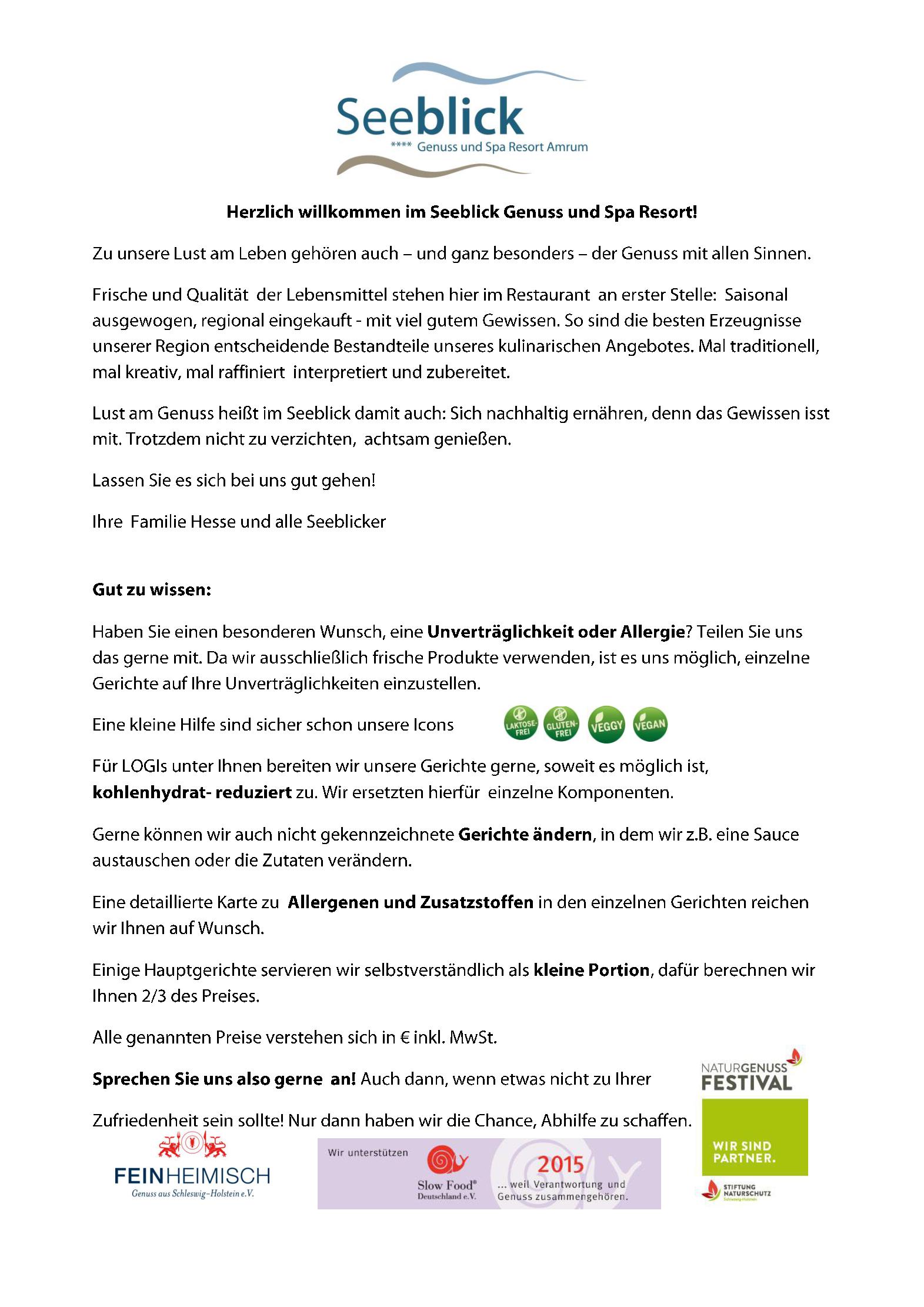 Speisekarte Seeblick **** Genuss und Spa Resort Amrum in Norddorf, Seite 1