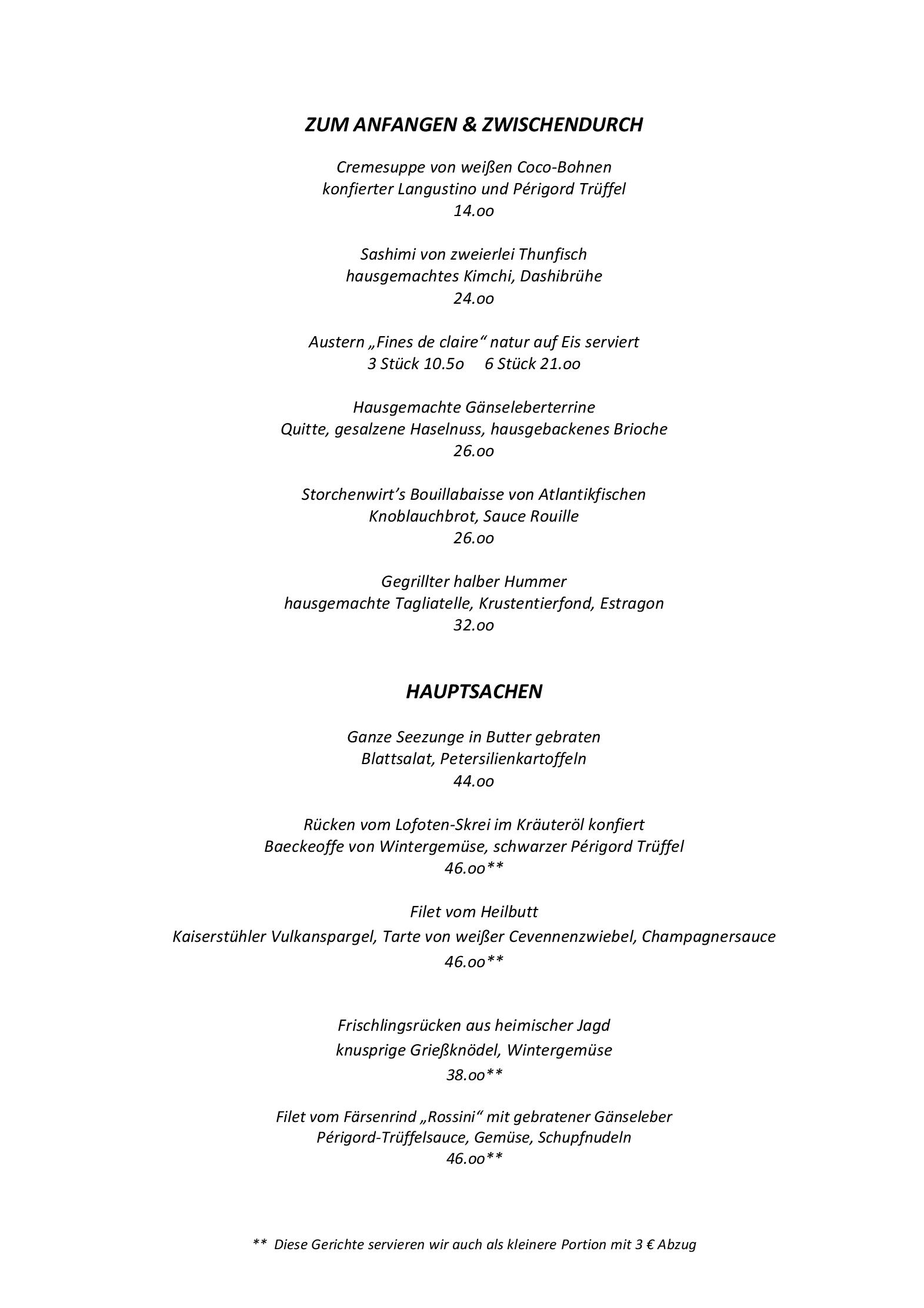 Speisekarte Storchen Restaurant Hotel in Bad Krozingen, Seite 1