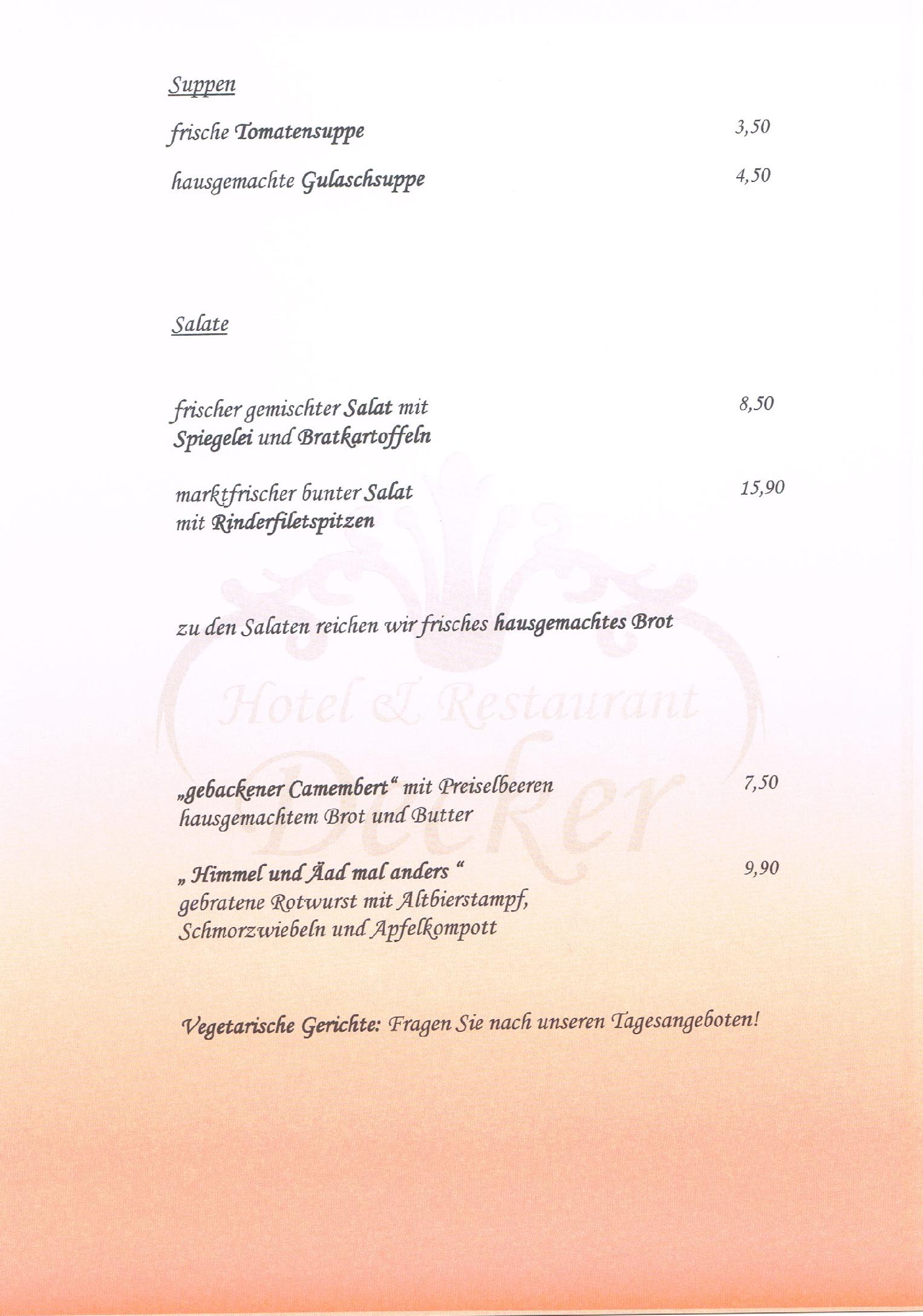 Speisekarte Decker in Düsseldorf, Seite 1