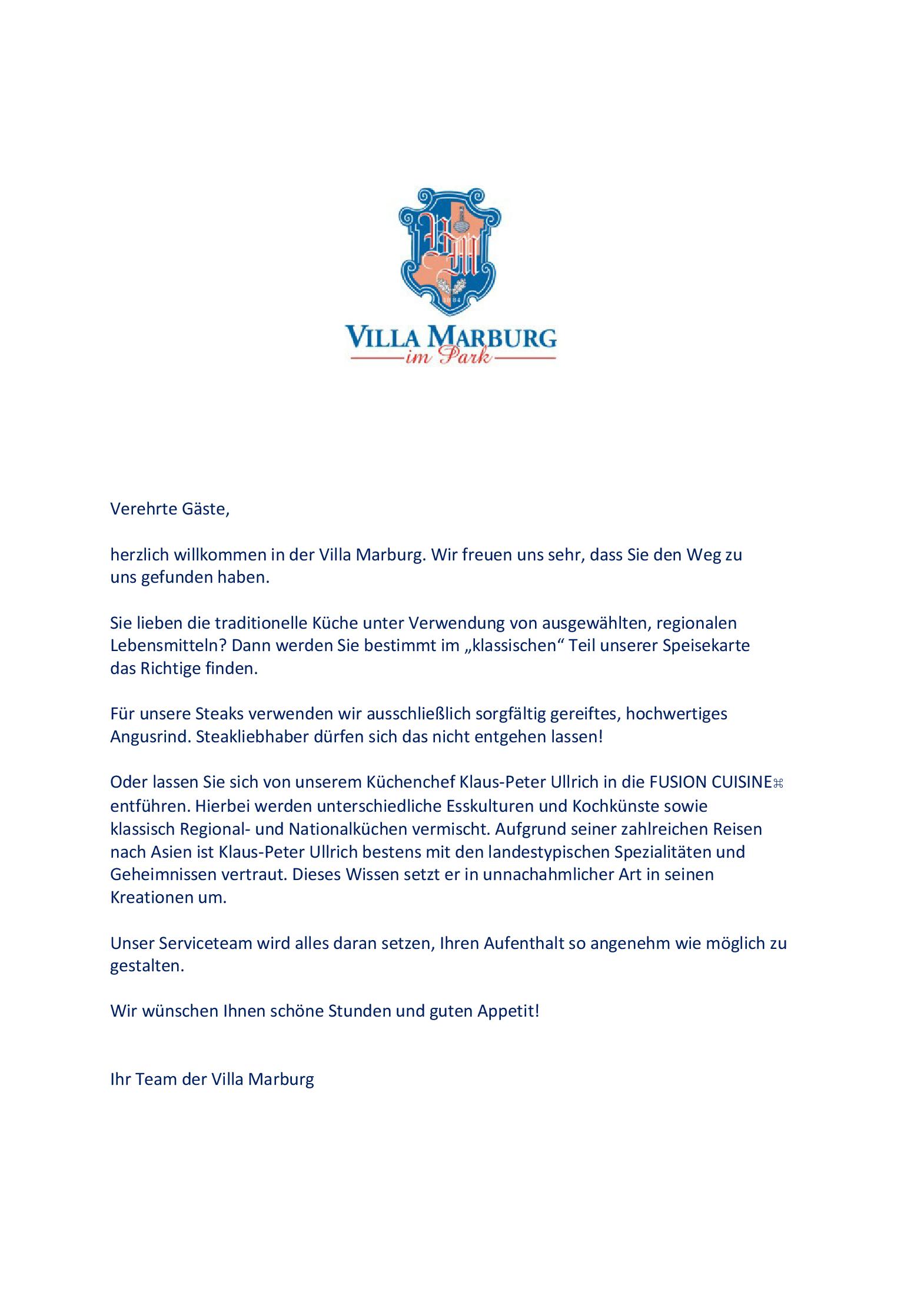 Speisekarte Hotel Restaurant 'Villa Marburg im Park' in Heigenbrücken, Seite 12