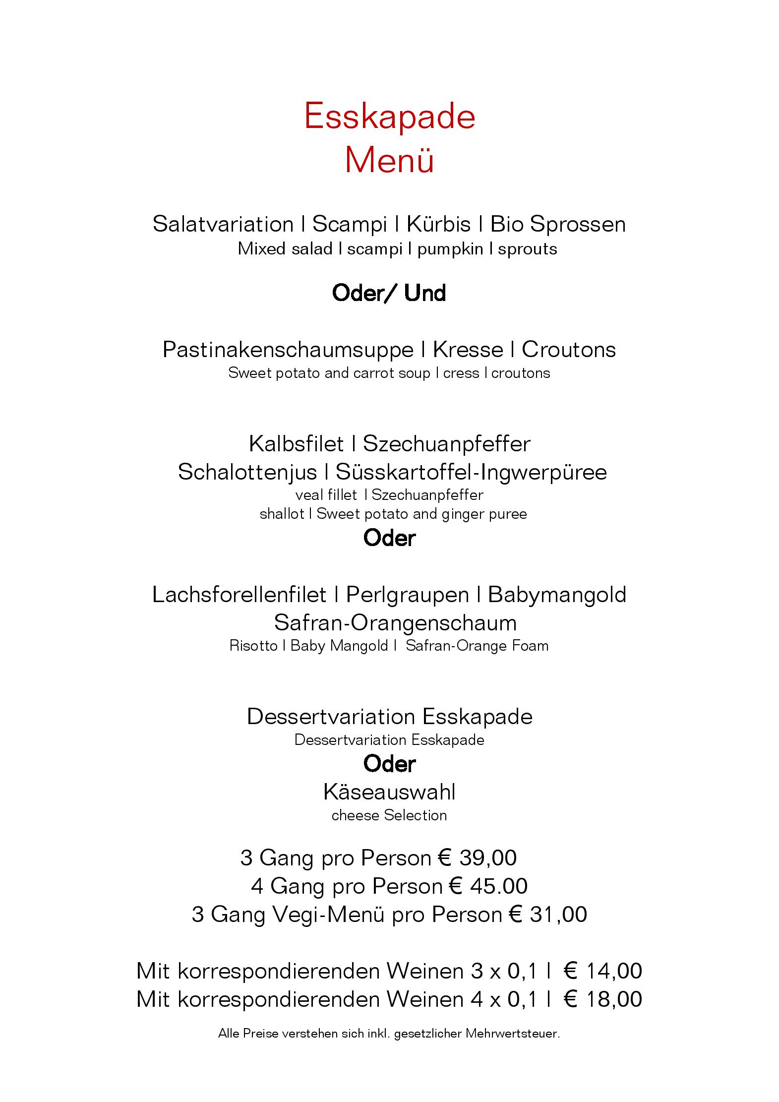 Speisekarte Restaurant ESSKAPADE in München (Neuhausen-Nymphenburg), Seite 1
