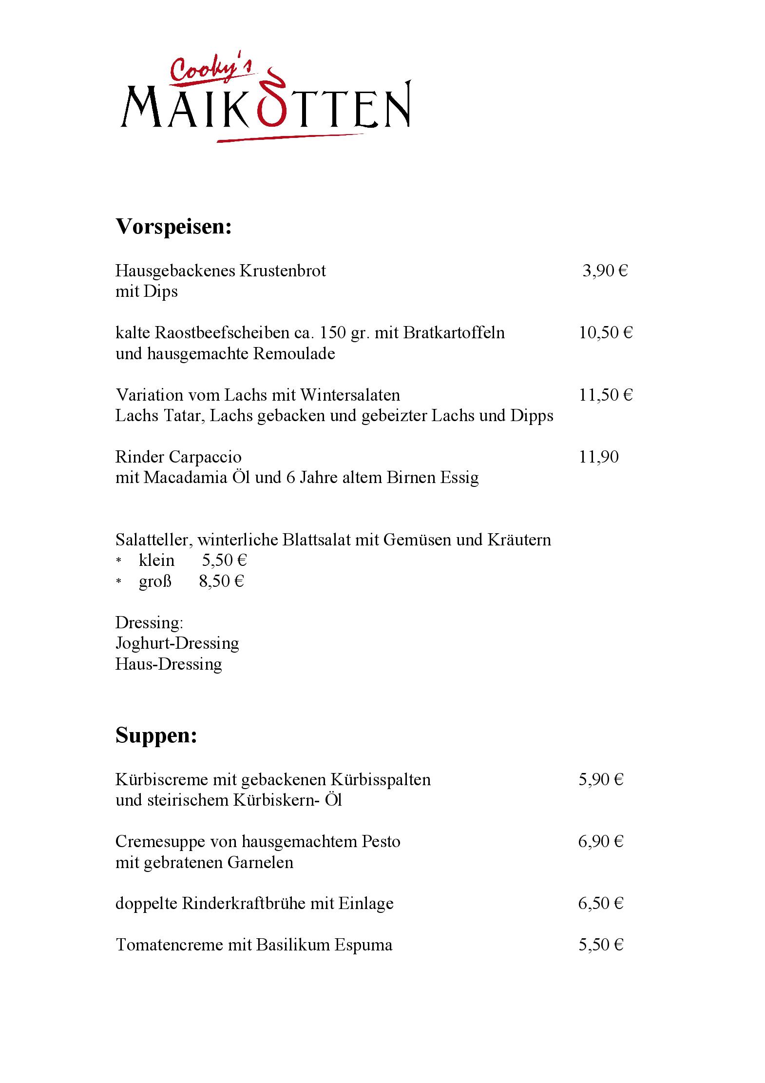 Speisekarte Restaurant Cooky&quots Maikotten in Münster, Seite 1