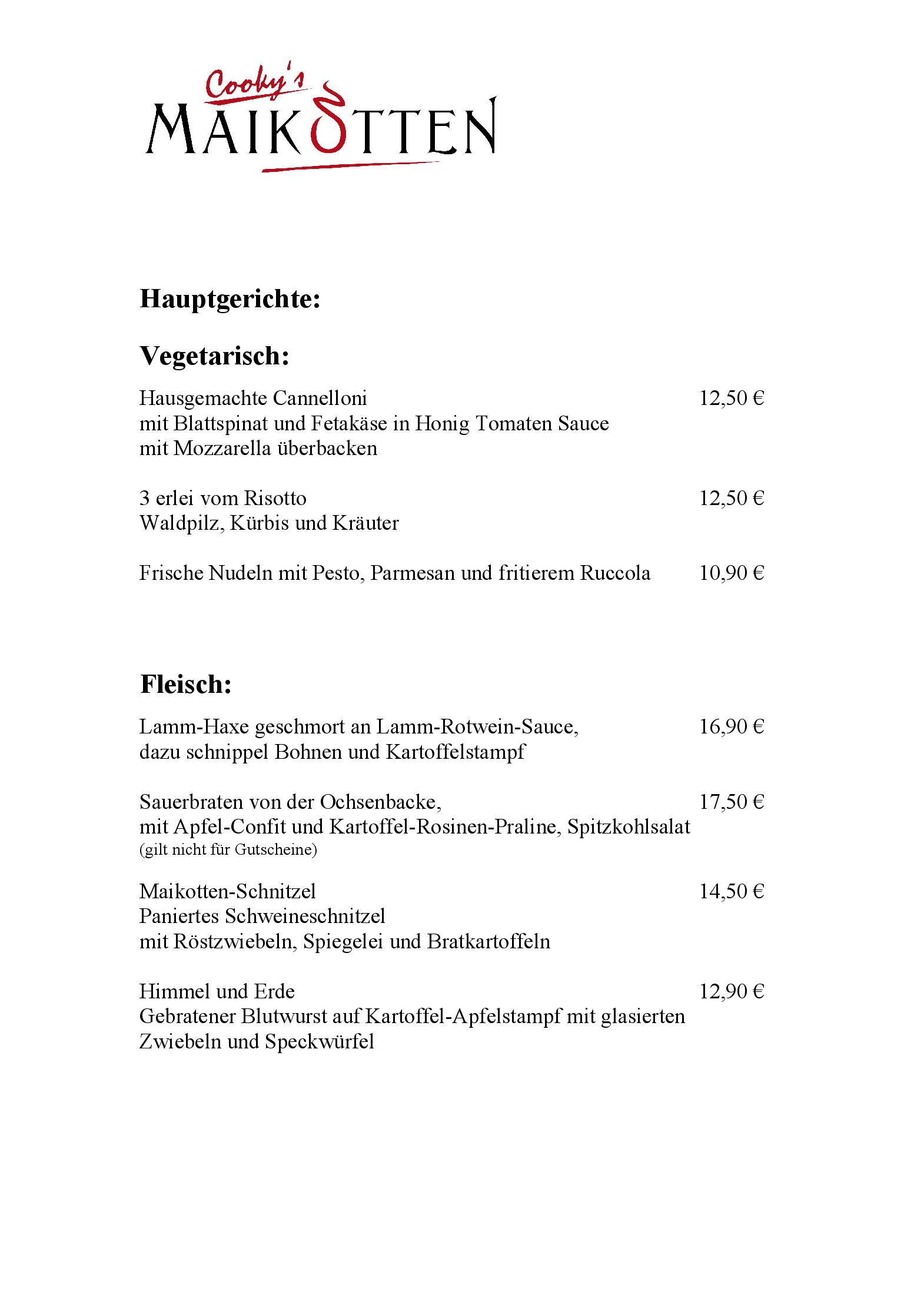 Speisekarte Restaurant Cooky&quots Maikotten in Münster, Seite 2