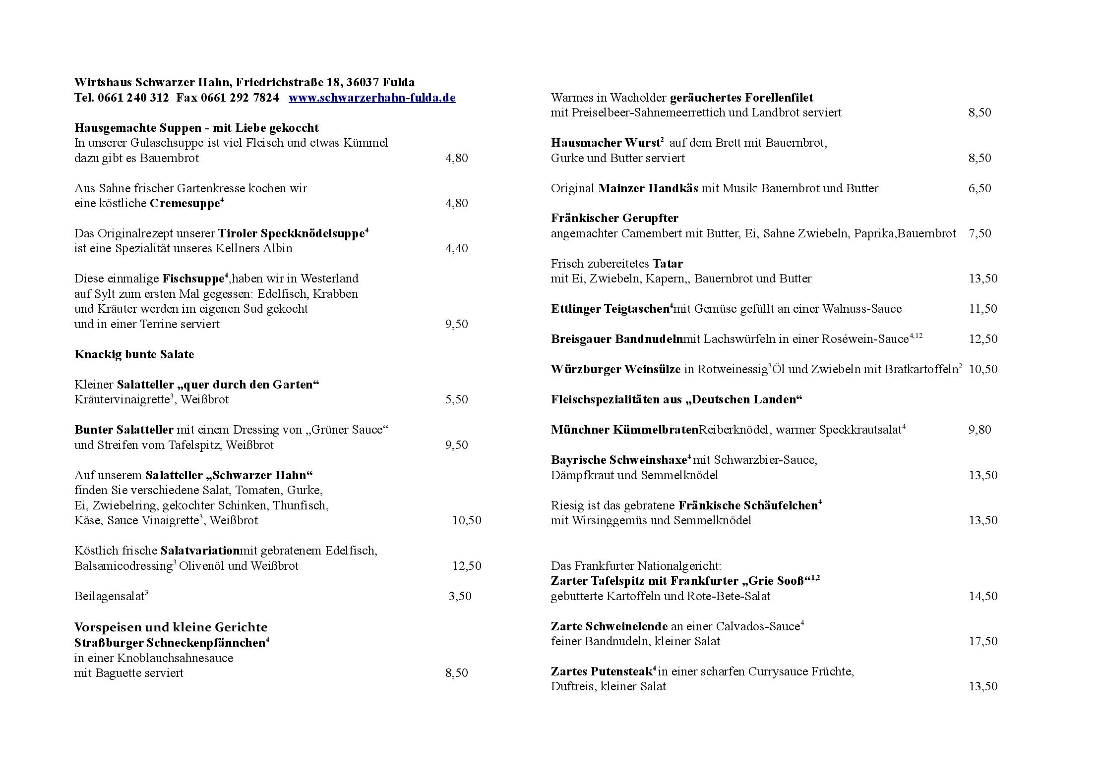 Speisekarte Restaurant Schwarzer Hahn in Fulda, Seite 1