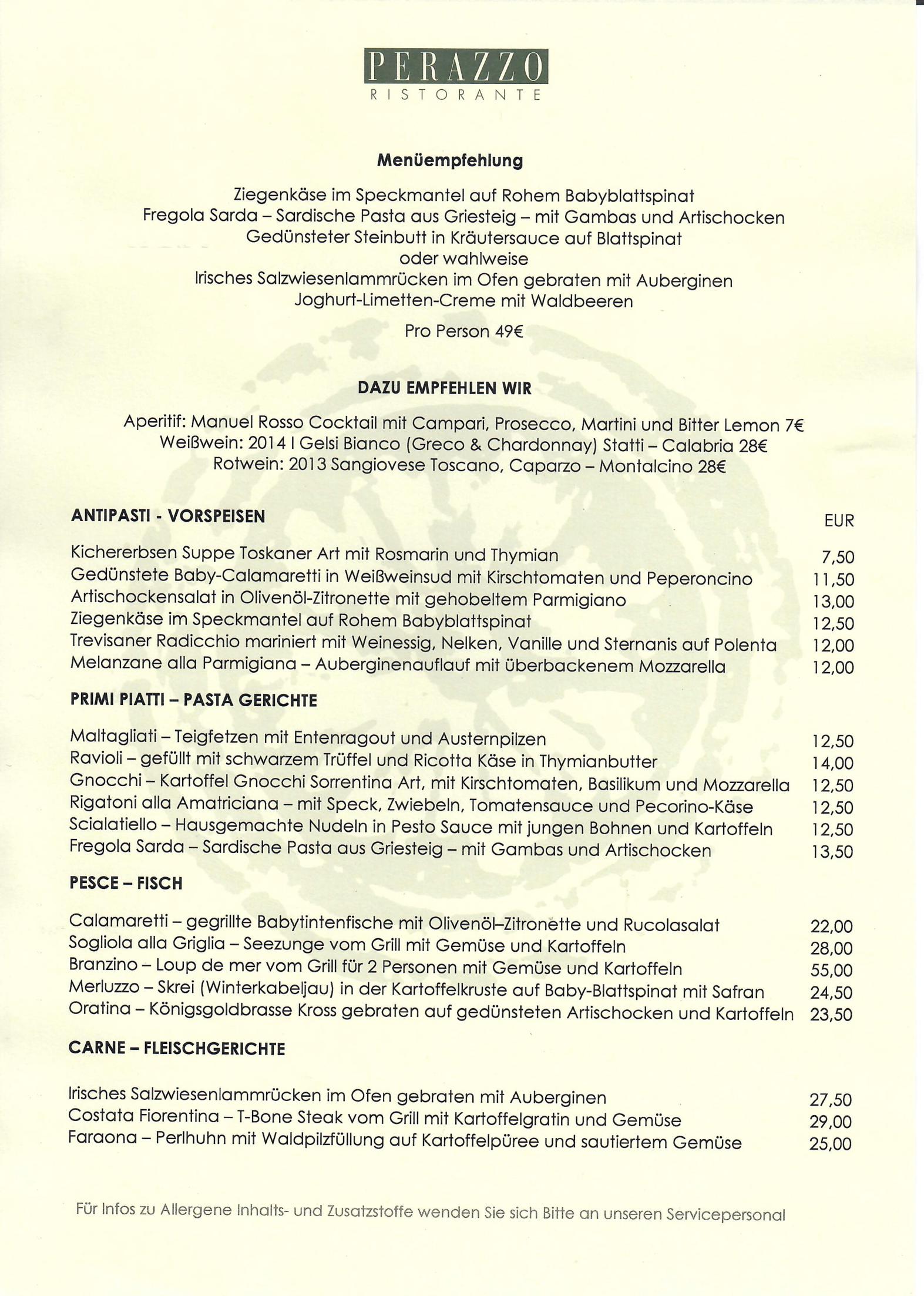 Speisekarte PERAZZO Ristorante in München, Seite 1