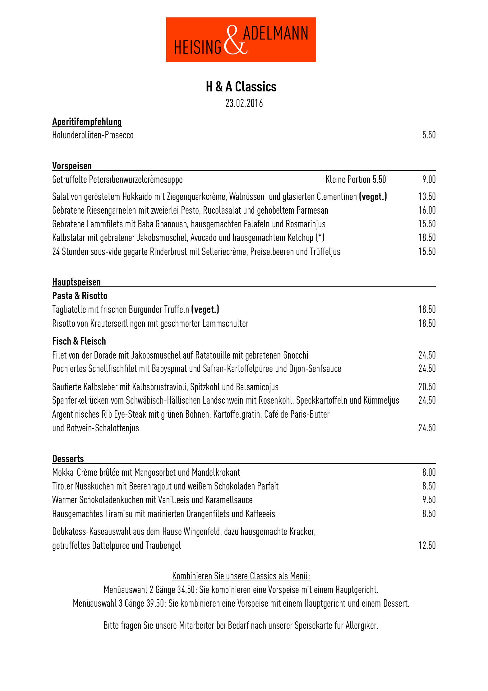 Speisekarte Heising& Adelmann in Köln, Seite 2