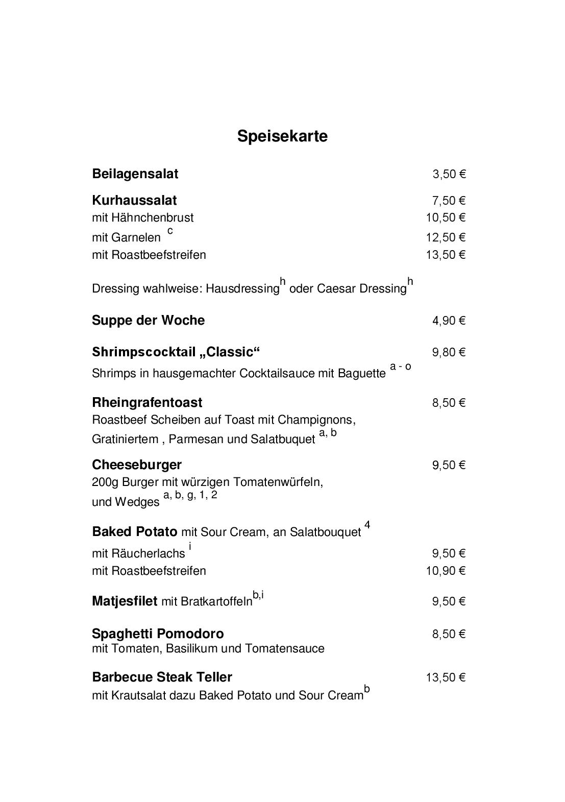 Speisekarte Kurhaus am Rheingrafenstein in Bad Kreuznach, Seite 1
