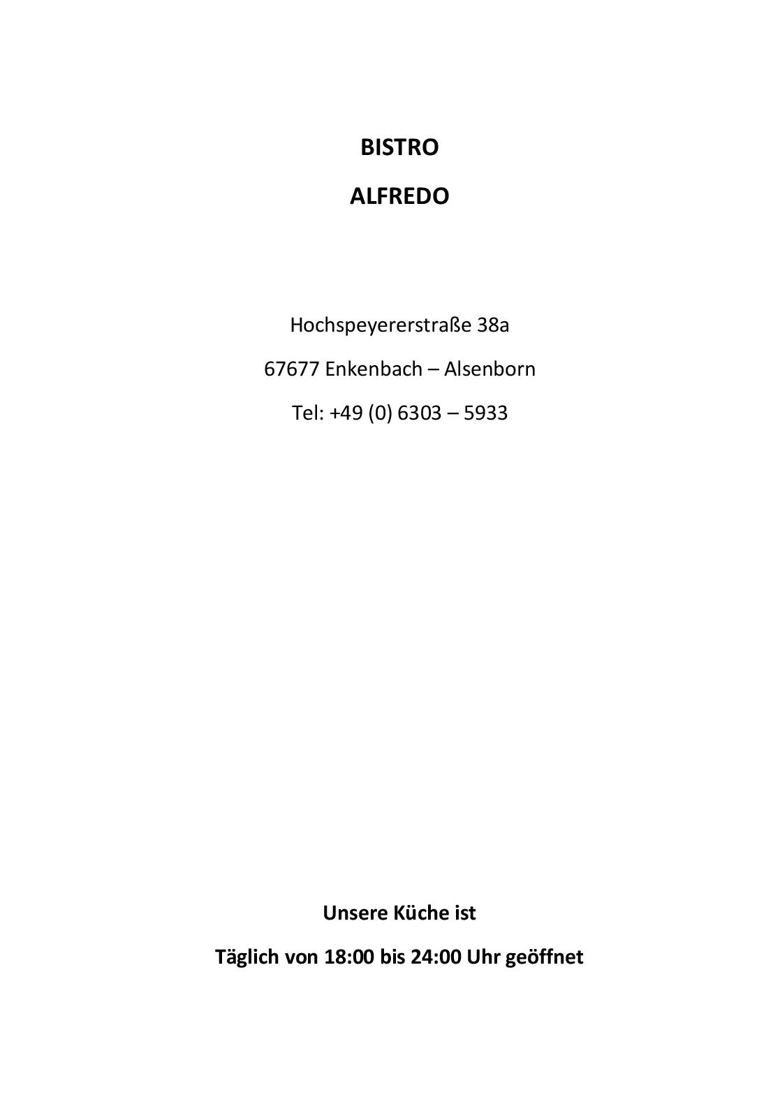Speisekarte Bistro Alfred in Enkenbach-Alsenborn, Seite 1