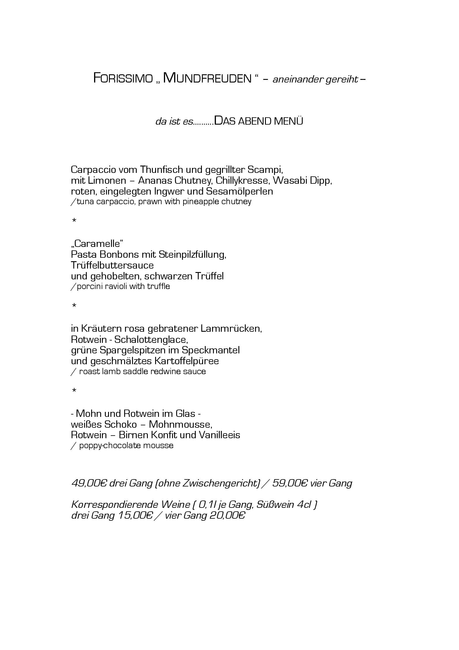 Speisekarte Forissimo Aromen, Vielfalt, Genuss in Bonn, Seite 1