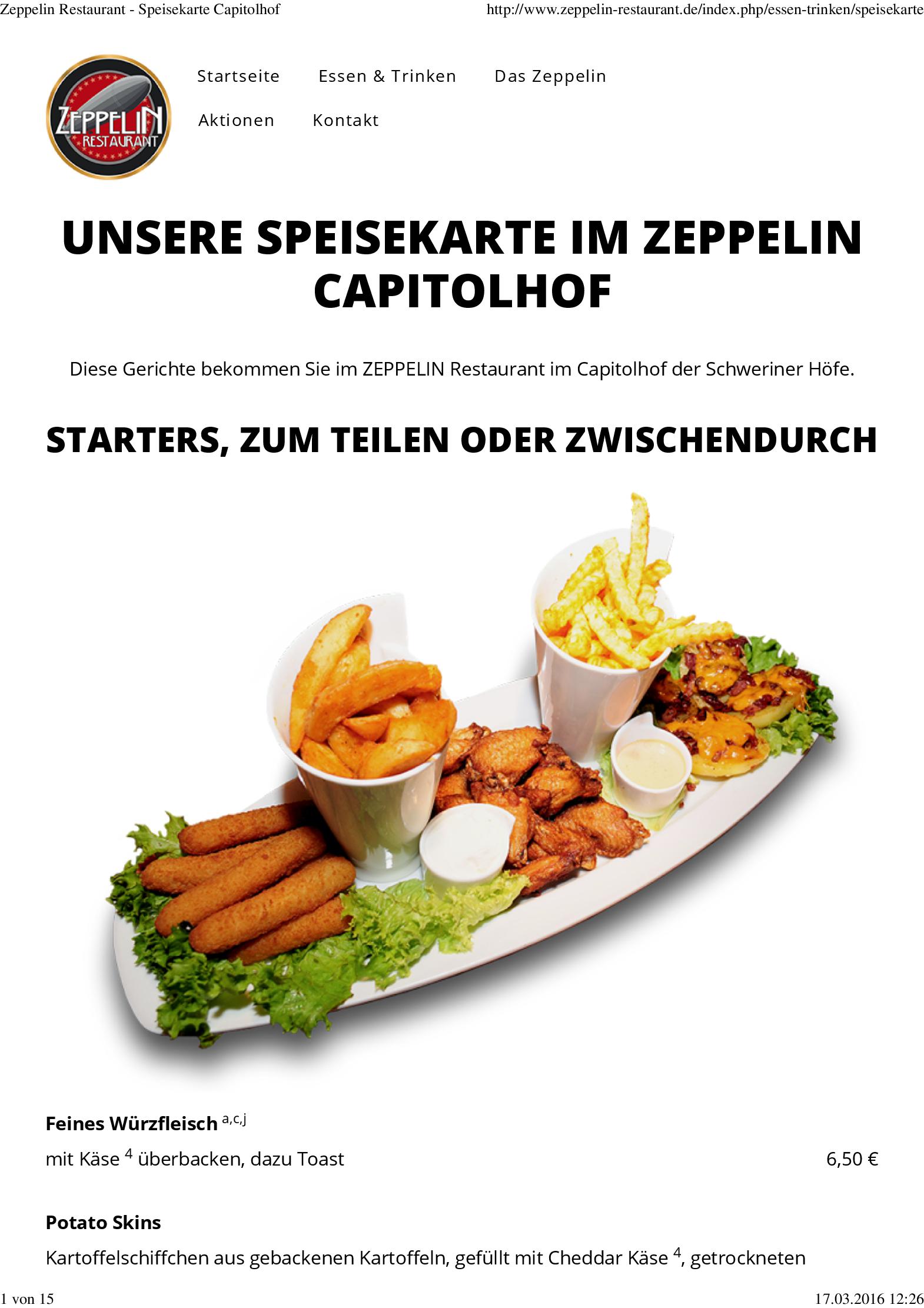 Speisekarte Zeppelin Restaurant in Schwerin, Seite 1