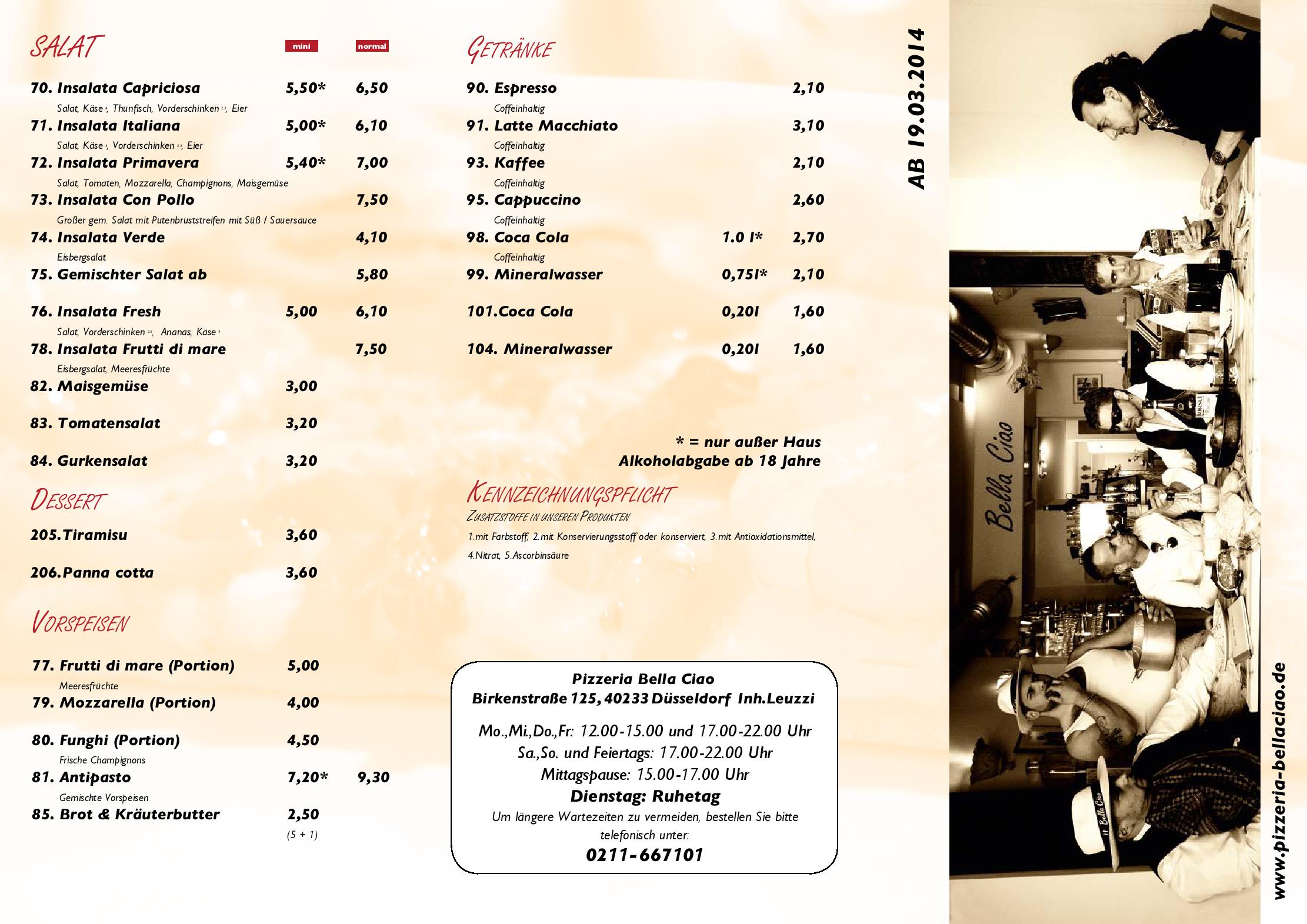 Speisekarte Bella Ciao - Pizzeria in Düsseldorf, Seite 1