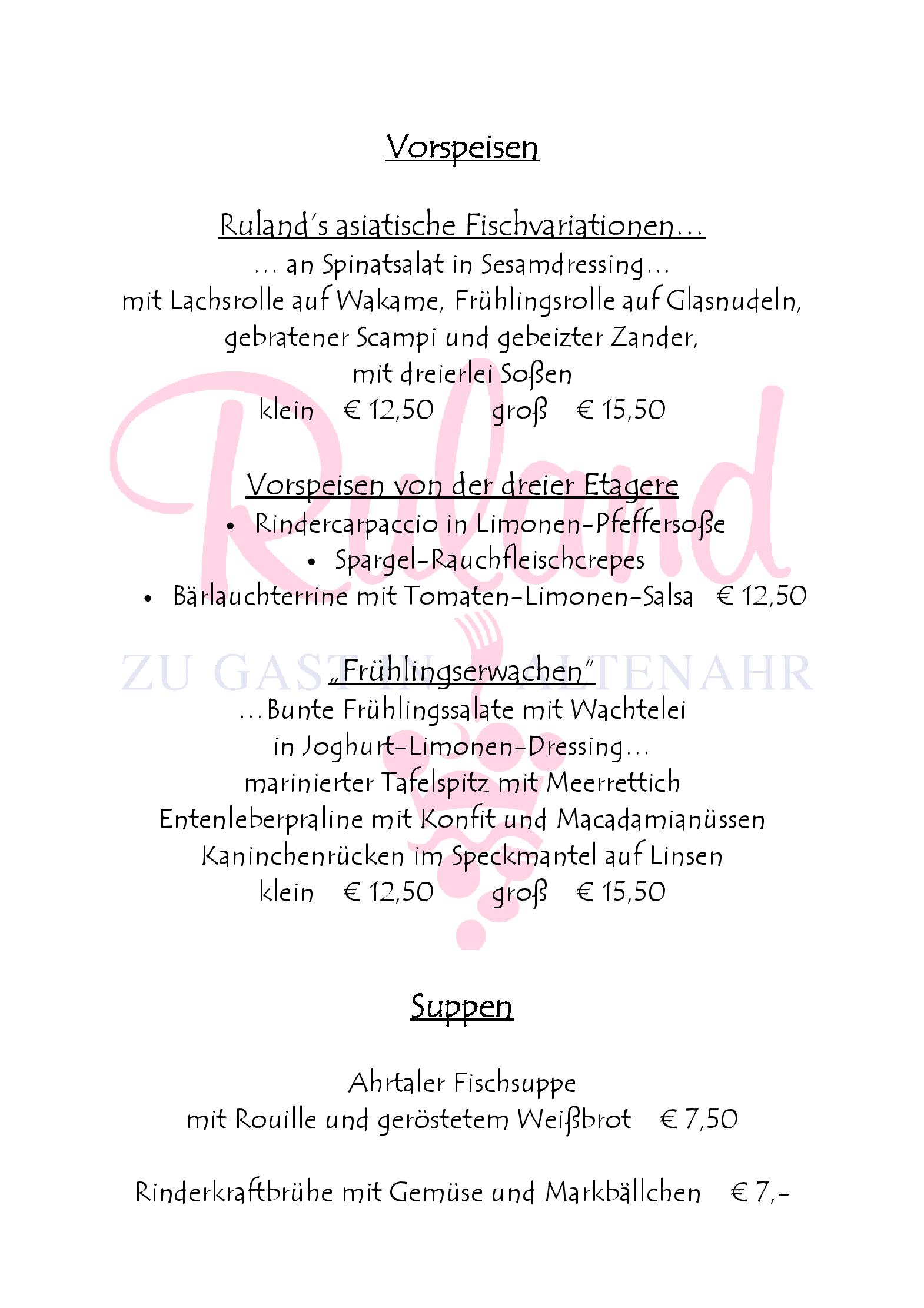 Speisekarte Hotel-Restaurant Ruland in Altenahr , Seite 1