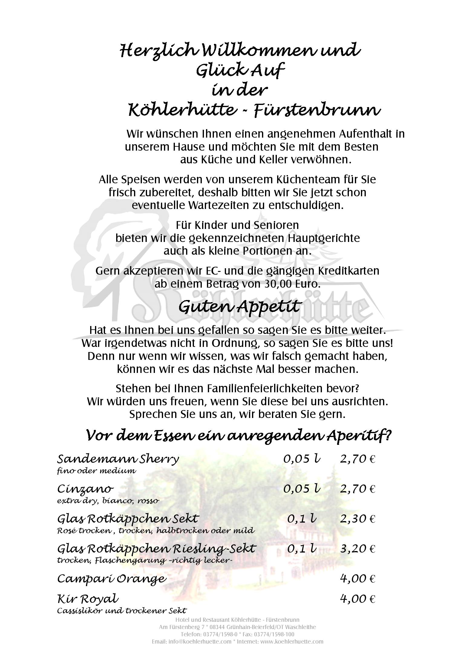 Speisekarte Hotel und Restaurant Köhlerhütte-Fürstenbrunn in Beierfeld, Seite 1