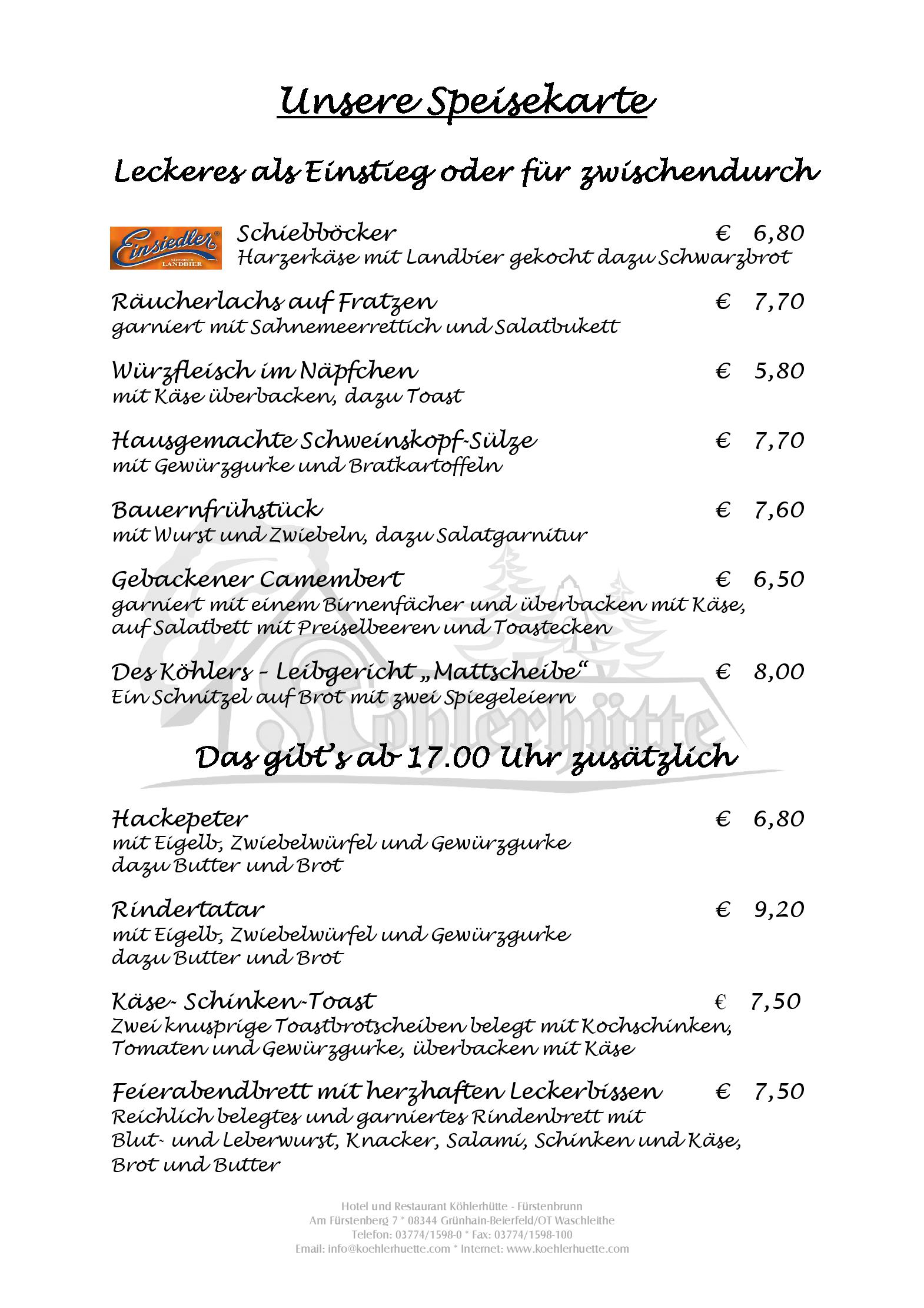 Speisekarte Hotel und Restaurant Köhlerhütte-Fürstenbrunn in Beierfeld, Seite 2