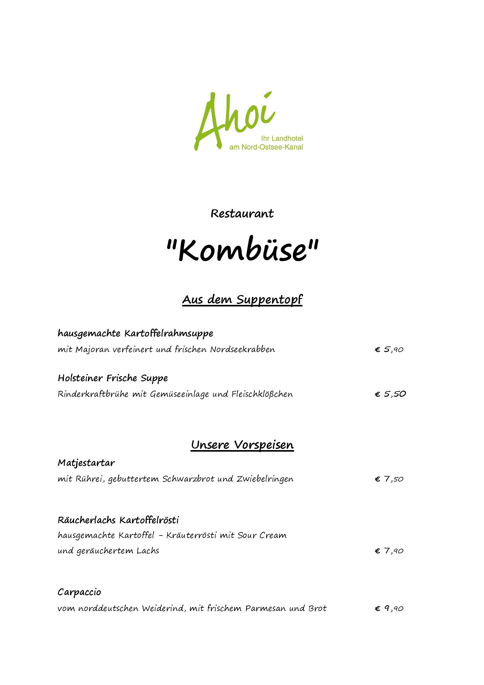 Speisekarte Kombüse im Hotel Ahoi in Breiholz, Seite 1