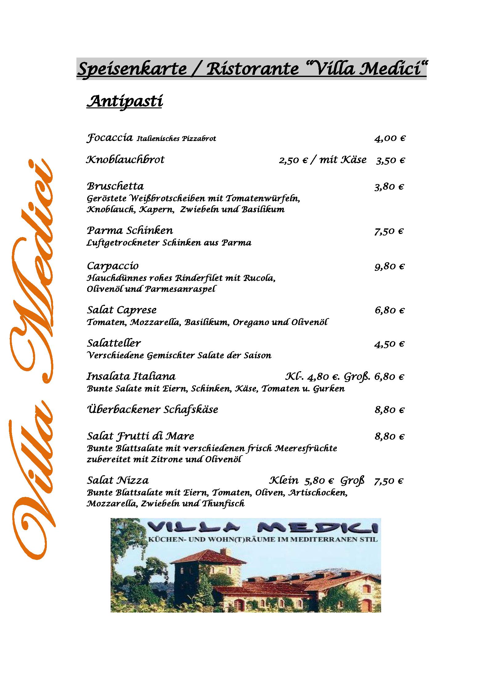 Speisekarte Hotel Ristorante Villa Medici in Enkenbach-Alsenborn, Seite 1