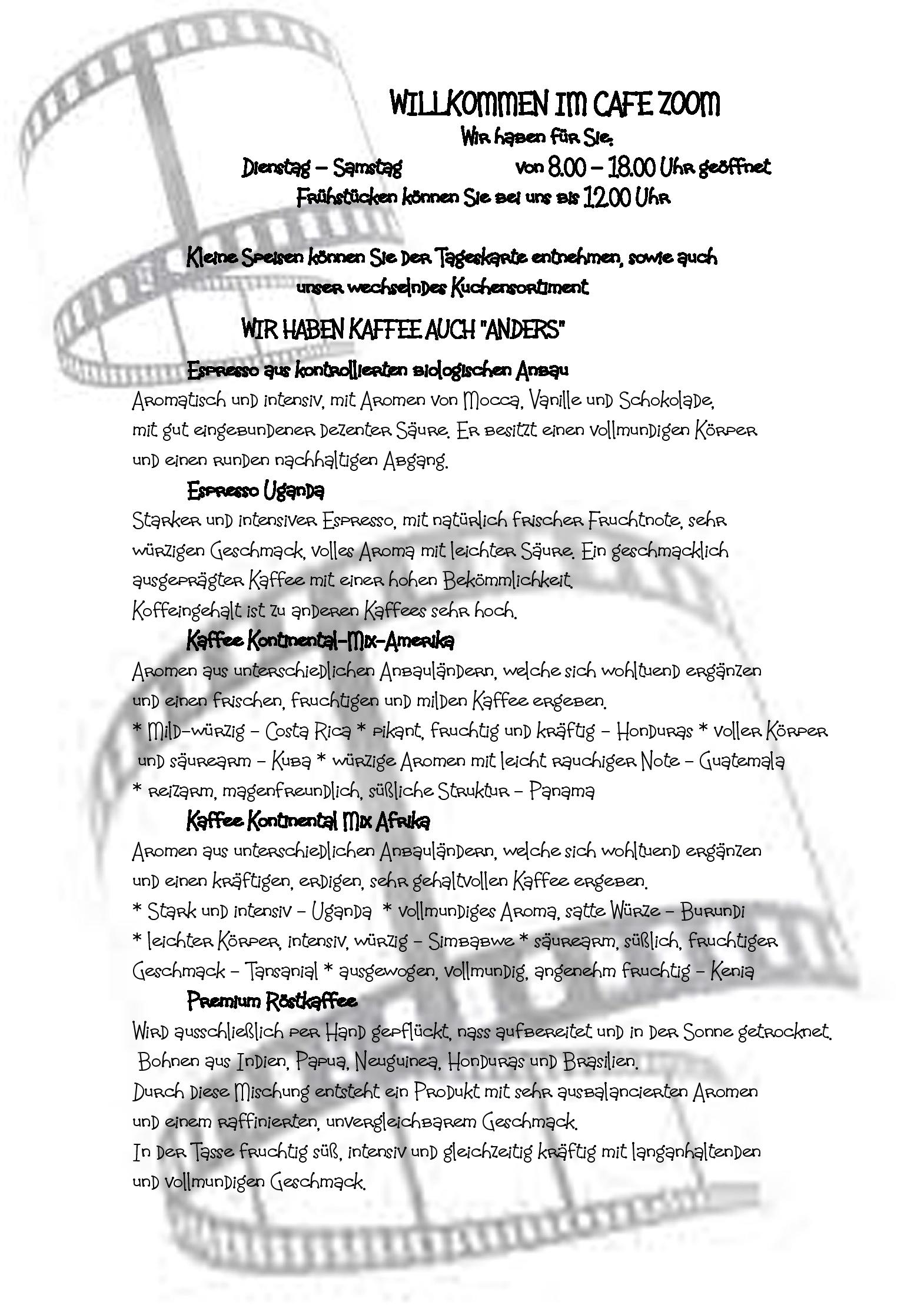 Speisekarte Zoom Café & Fotostudio in Chemnitz, Seite 1