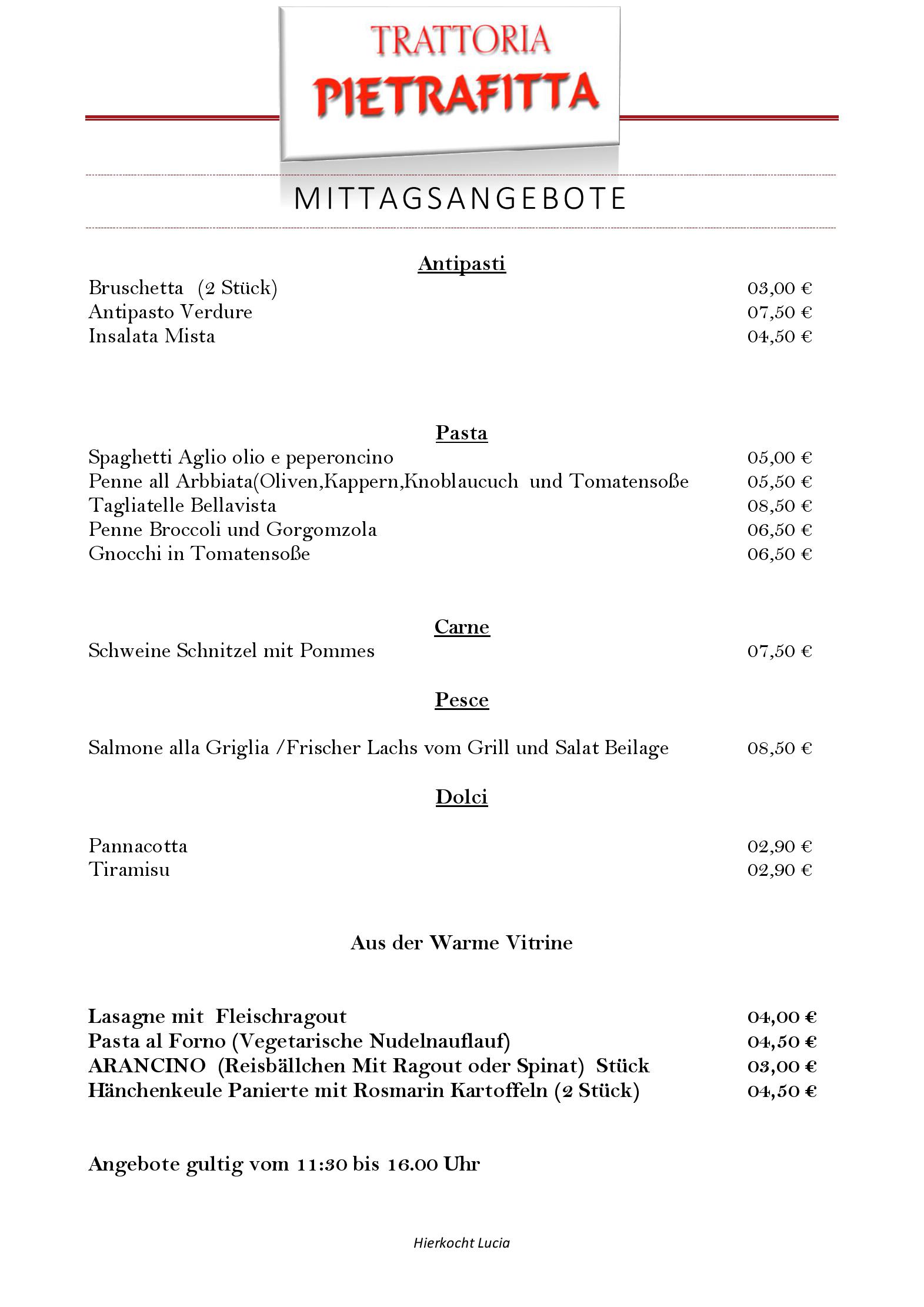 Speisekarte Trattoria Pietrafitta in Berlin, Seite 1