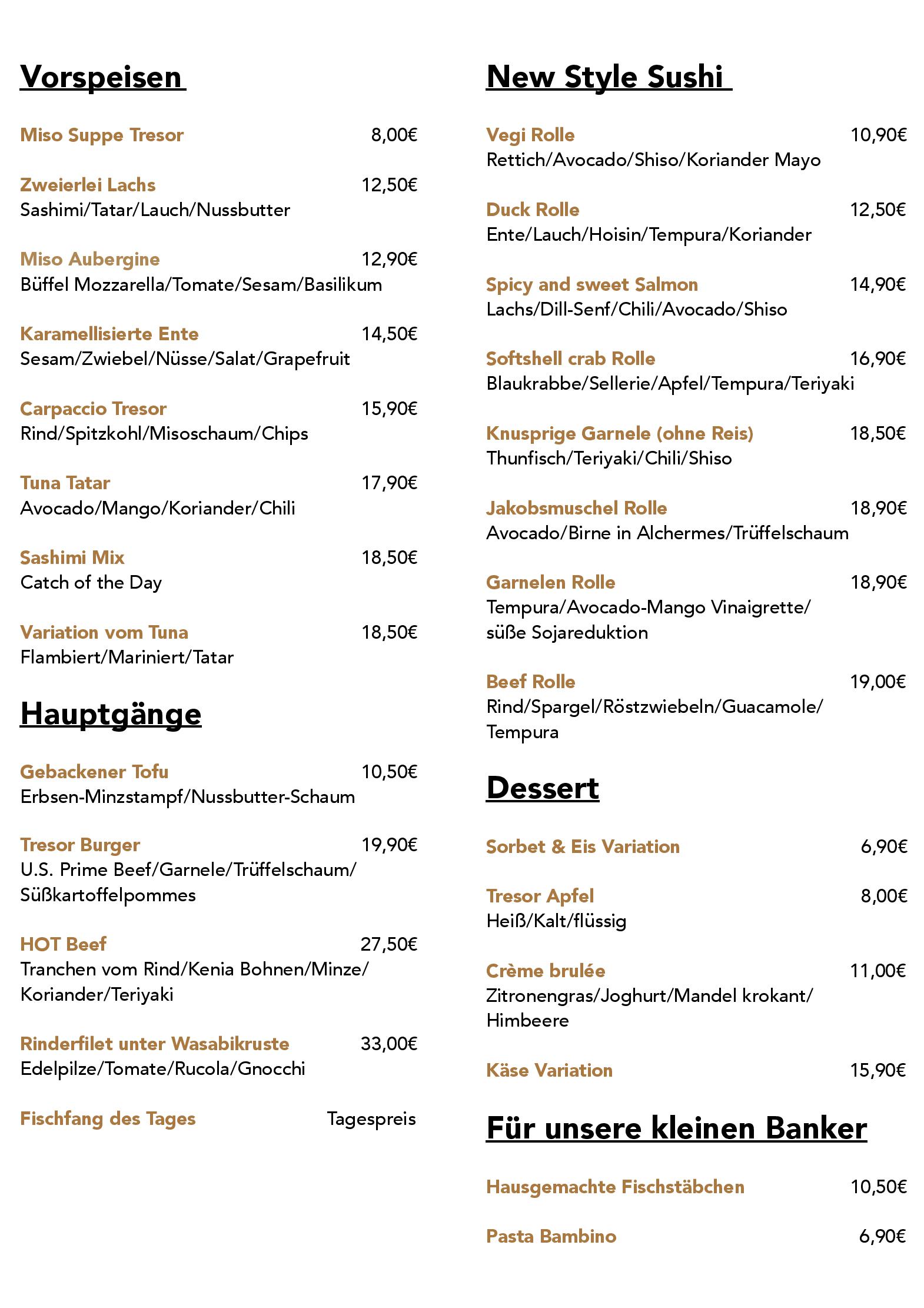 Speisekarte Tresor in Hannover, Seite 1
