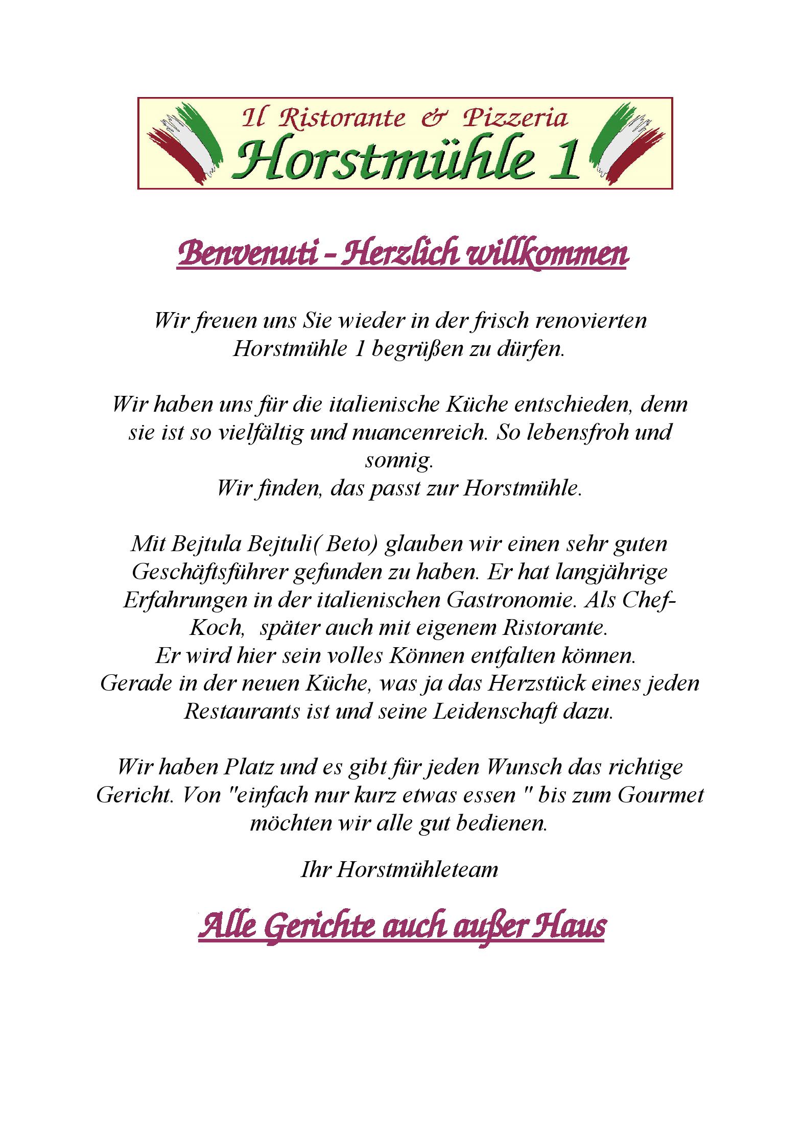 Speisekarte Il Ristorante & Pizzerria Horstmühle 1 in Horst, Seite 1
