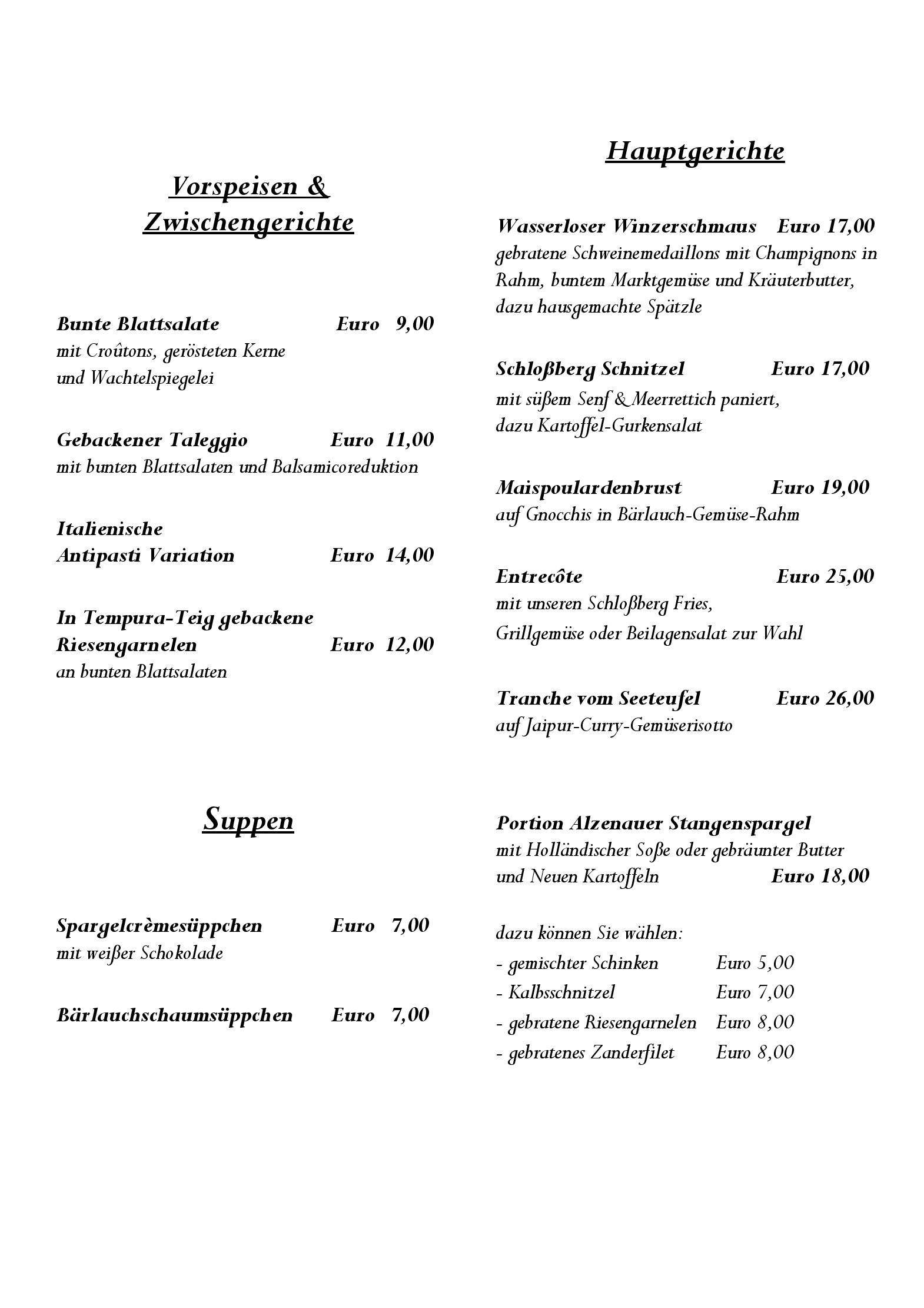 Speisekarte Panorama Hotel & Restaurant Schloßberg in Alzenau in Unterfranken, Seite 1