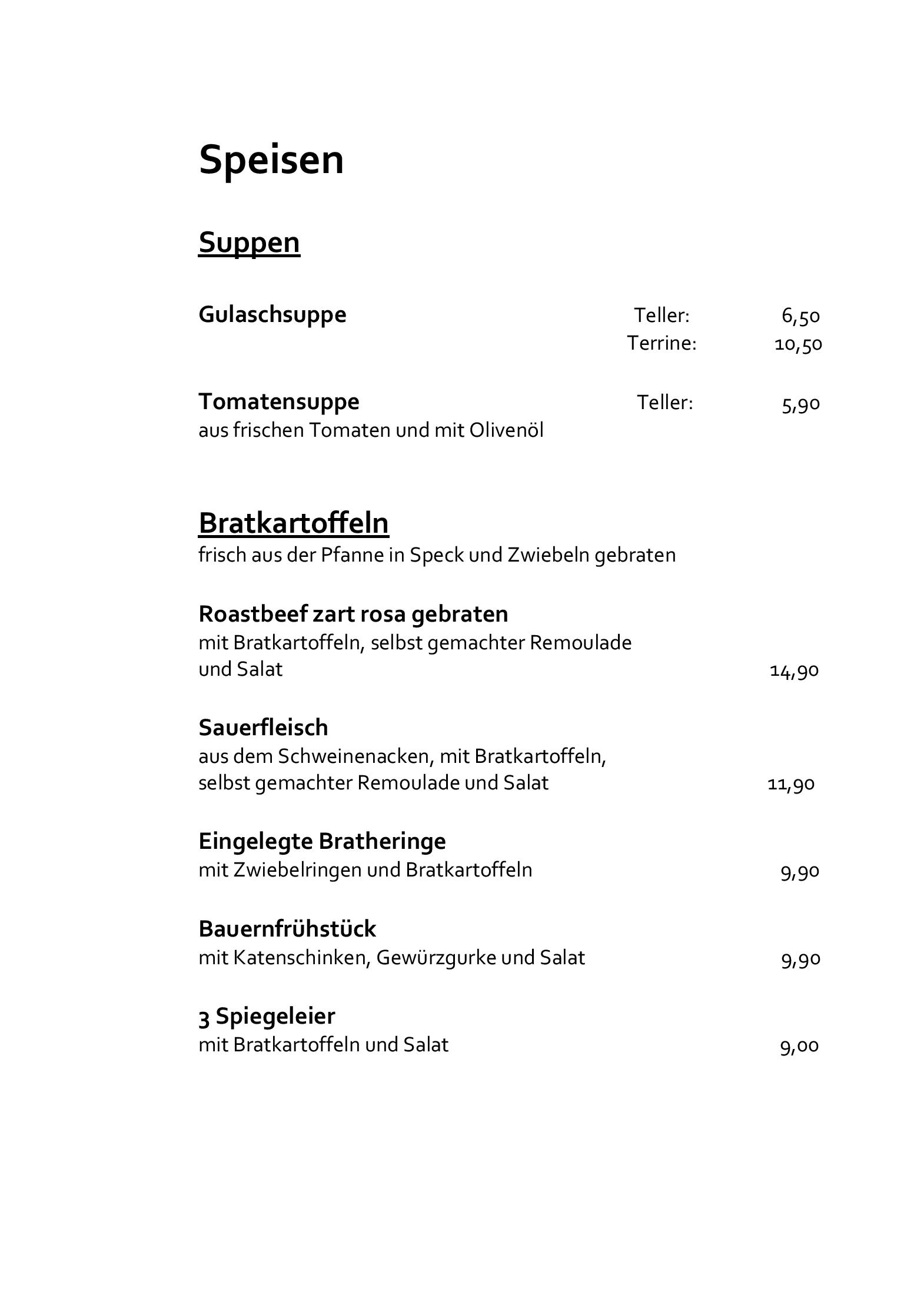 Speisekarte Edenhall in Hamburg, Seite 1