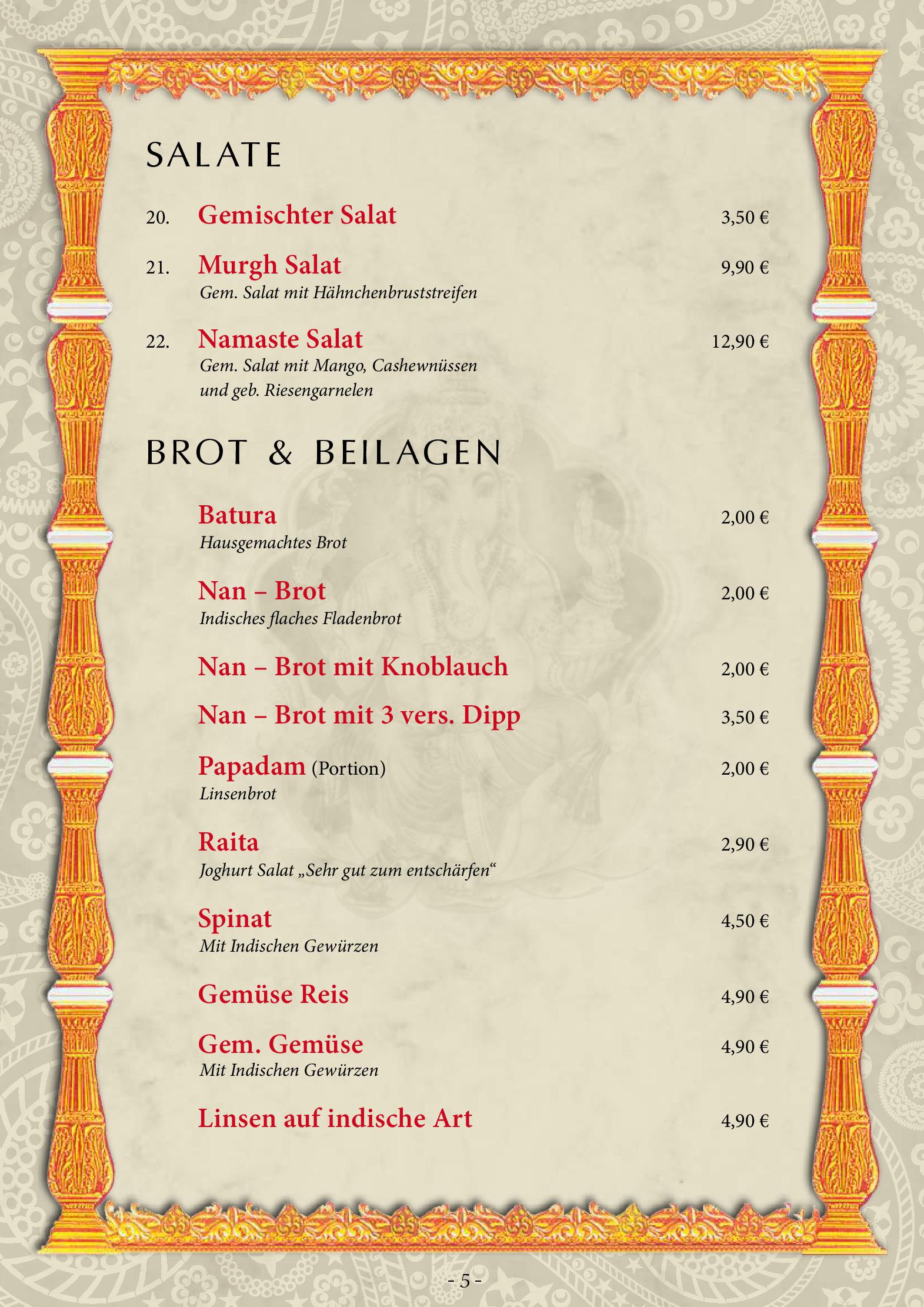 Speisekarte Namaste in Krefeld, Seite 5