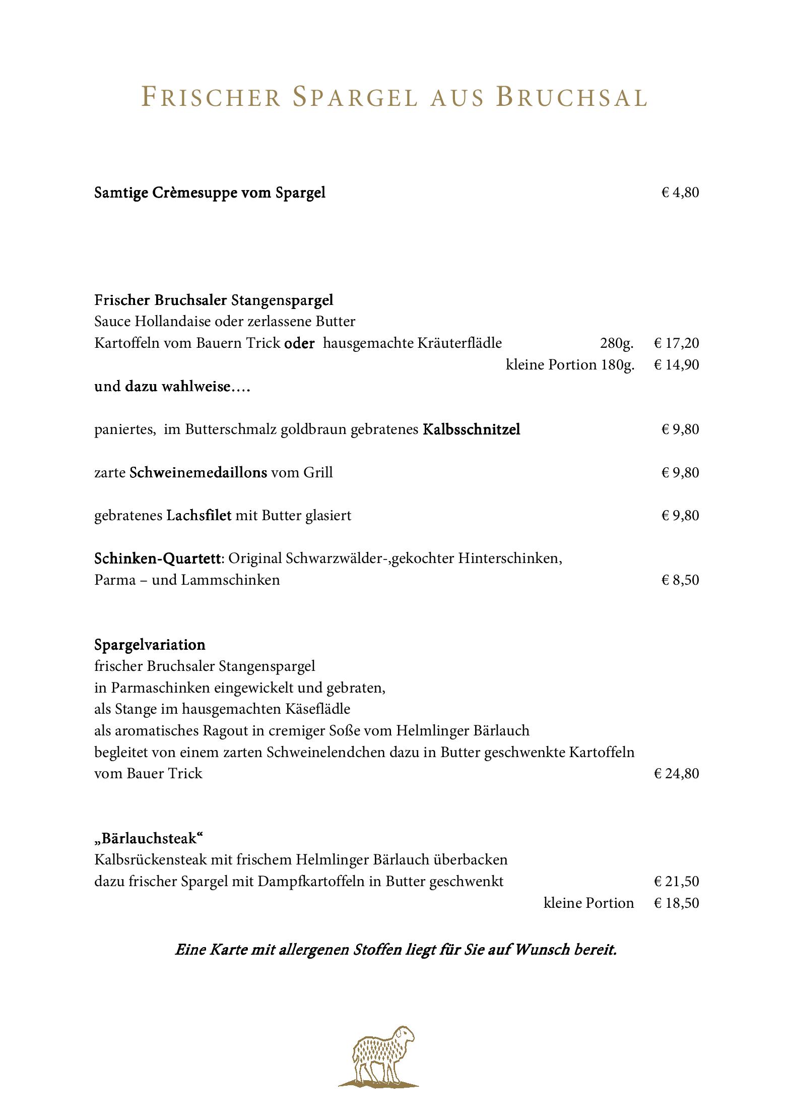 Speisekarte Hotel Lamm Mitteltal in Baiersbronn, Seite 1