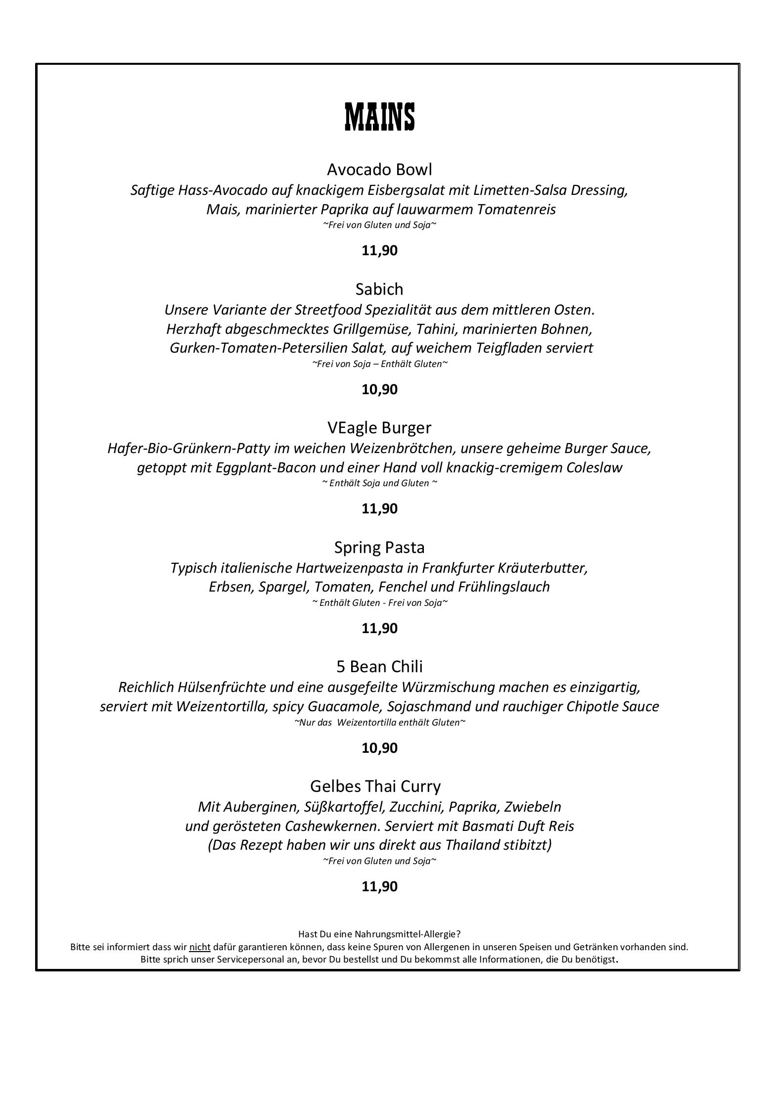 Speisekarte The Vegan Eagle in Hamburg, Seite 2