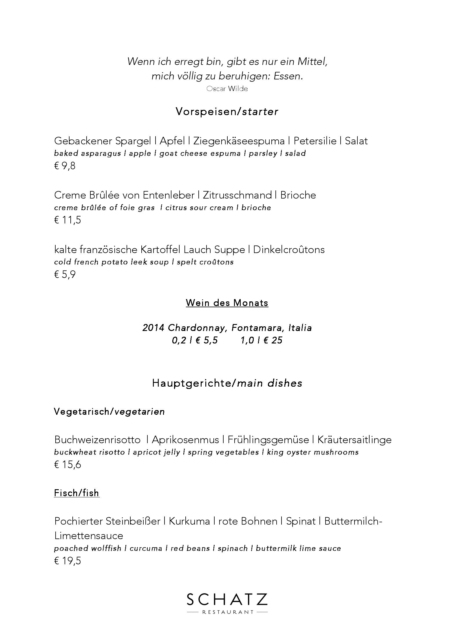 Speisekarte Restaurant Schatz in Berlin, Seite 1