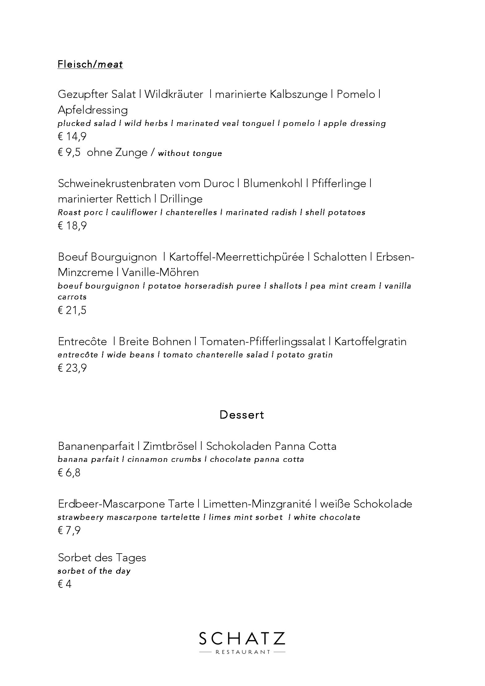 Speisekarte Restaurant Schatz in Berlin, Seite 2