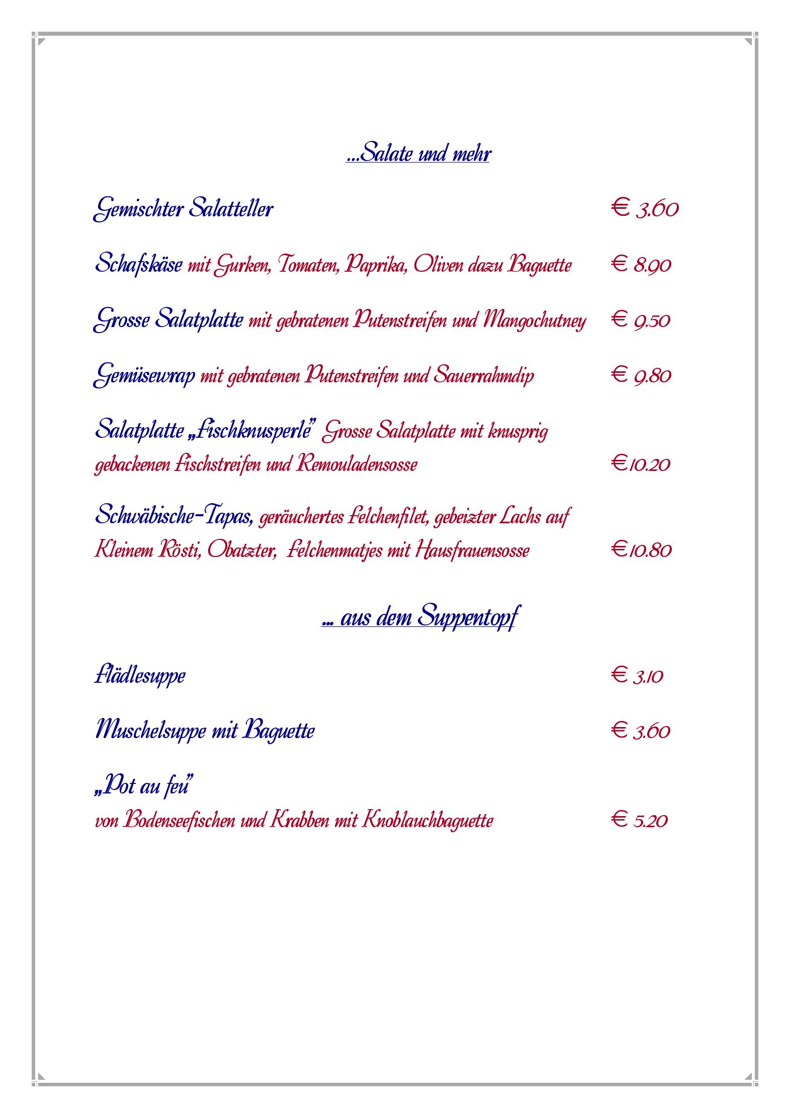 Speisekarte Hotel Walserhof in Wasserburg (Bodensee), Seite 1
