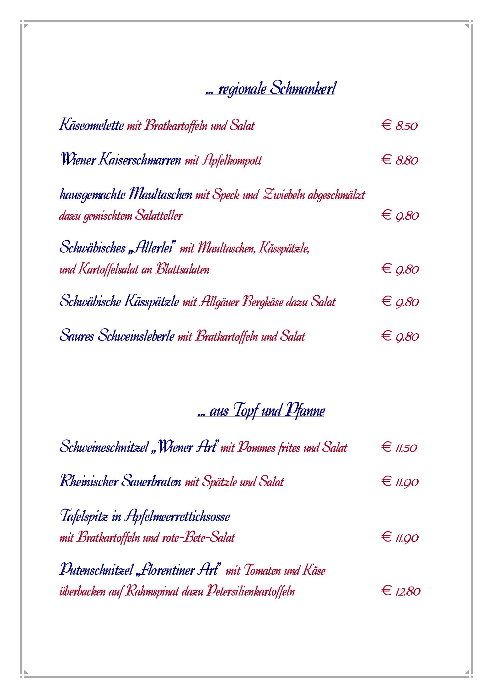 Speisekarte Hotel Walserhof in Wasserburg (Bodensee), Seite 2