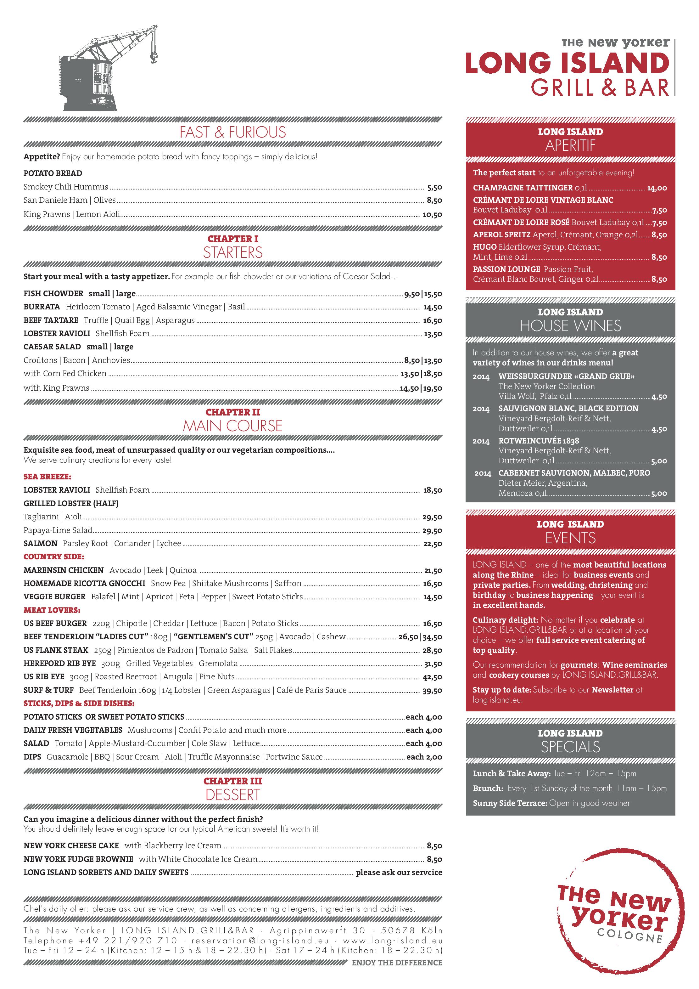 Speisekarte The New Yorker | LONG ISLAND.RESTAURANT&BAR in Köln, Seite 1
