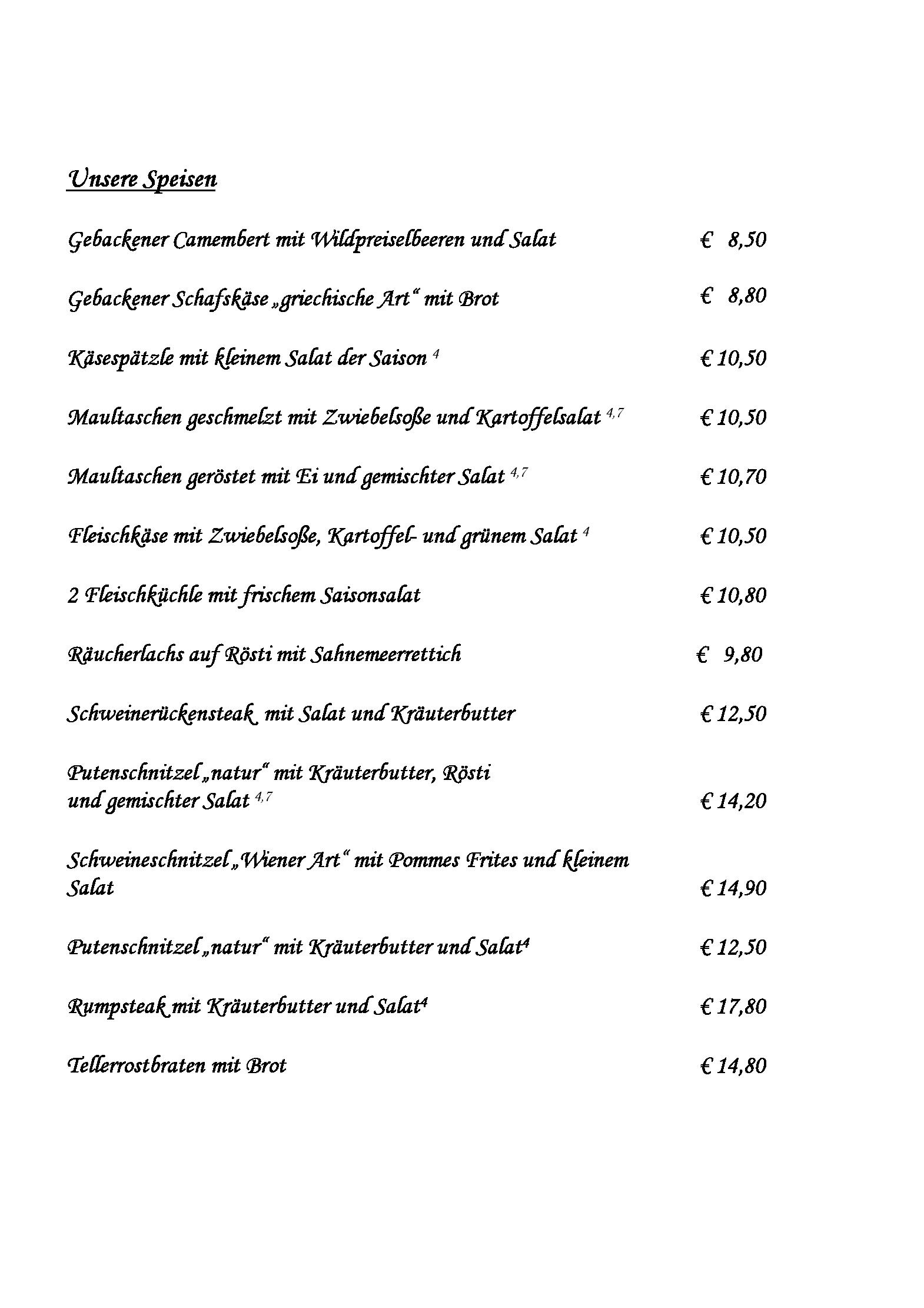 Speisekarte Wirthshaus zom Schiller in Fellbach, Seite 3