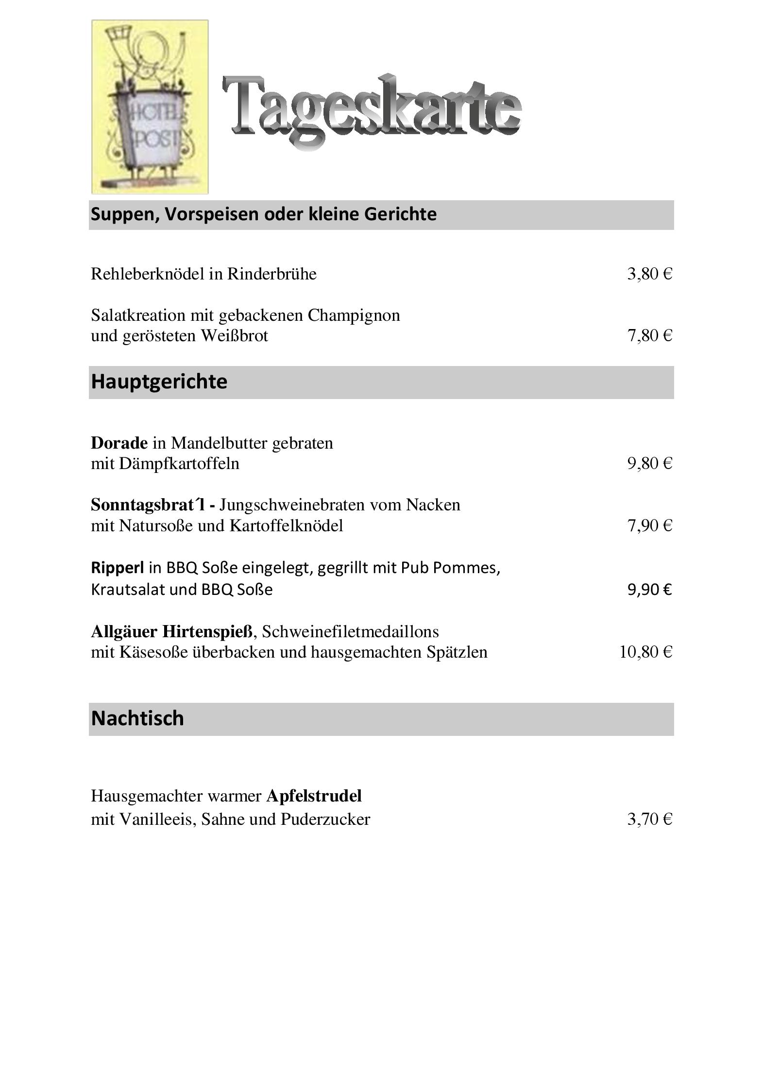 Speisekarte Hotel zur Post - Restaurant in Obernzell, Seite 4
