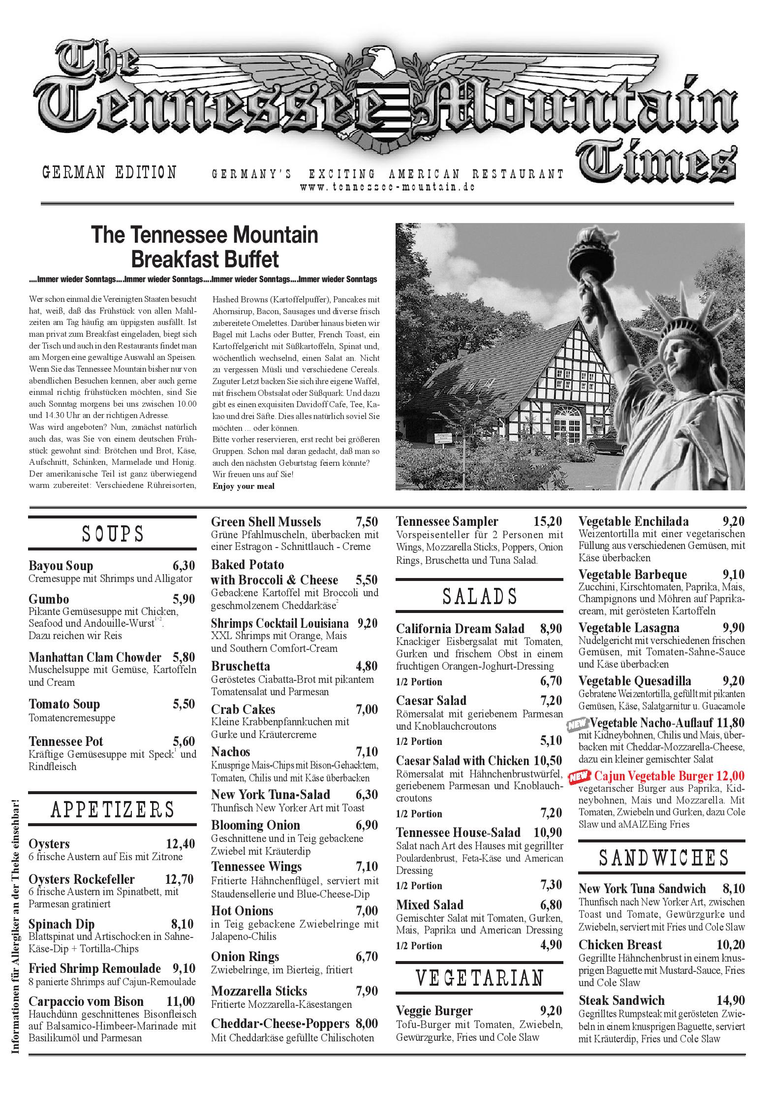 Speisekarte Tennessee Mountain OHG in Lotte, Seite 1